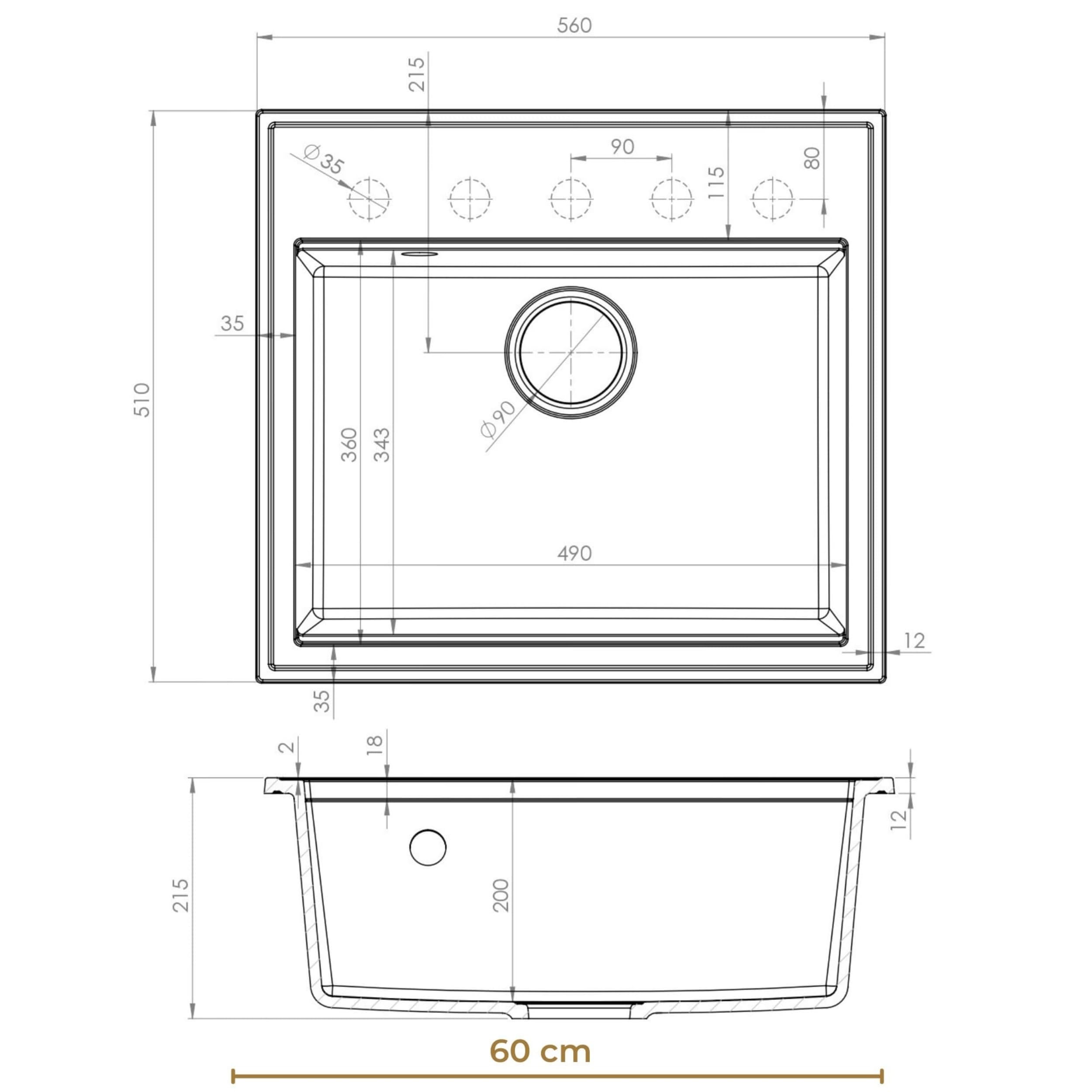 SINK QUALITY zlewozmywak granitowy biały 56 x 51 cm – zlewozmywak granitowy ze złotym syfonem i impregnacją – zlewozmywak do szafek od 60 cm szerokości – pojedynczy zlew do zabudowy – umywalka do