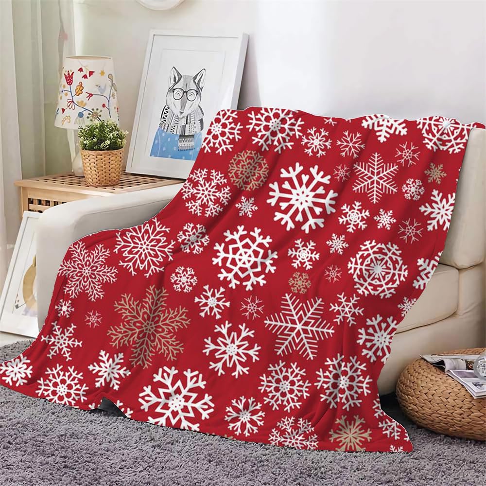 Manta para Sofá de Franela, Manta de Navidad para Invierno Suave y Cálida Mantas de Cama Microfibra con Estampado de Copos de Nieve Rojos, Sobrecama para Toda Estación (130x150cm,Estilo D)