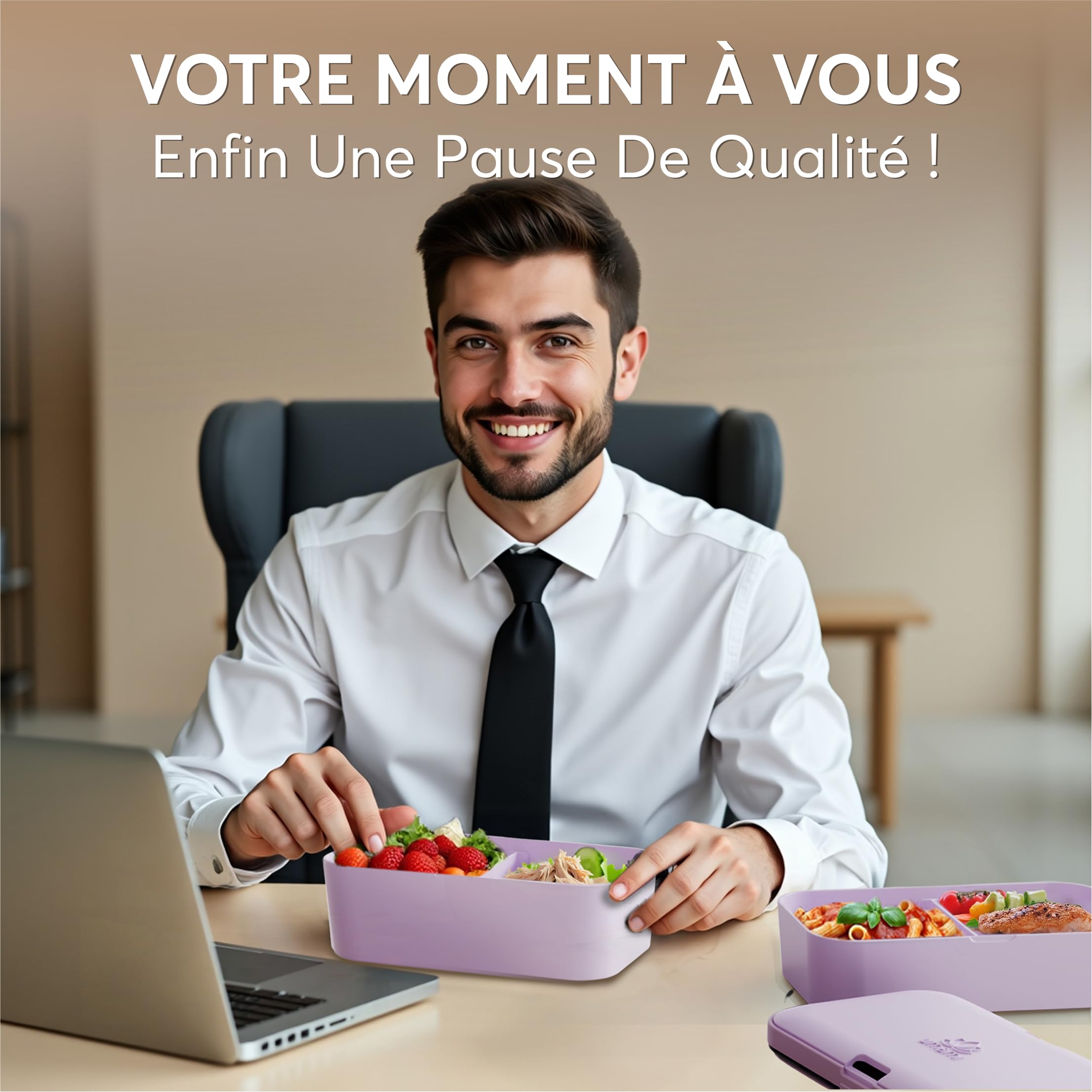 Umami Bento Lunch Box, Couverts & 2 Pots à Sauce Inclus, Boîte Repas Encastrable, Lunchbox Micro-Ondable, Boîte à Lunch Adulte Compartimentée, Bento Box, Violet Lavande, 1500 ml