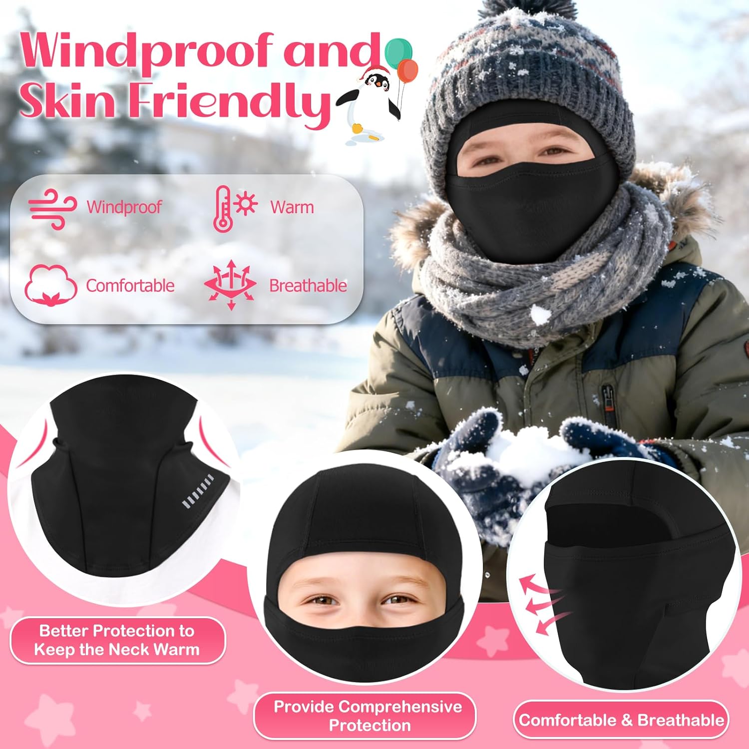 BKNOOU 2 Pack Kids Balaclava Ski Mask Winter Face Cover, Windproof Fleece Neck Gaiter for Boys Girls Cold Weather Face Mask - Image 2
