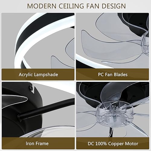 Miniatura 5 de Ventiladores de techo de perfil bajo con luces y control remoto, lámpara de montaje empotrado de 20 pulgadas, luz LED regulable, ventiladores de