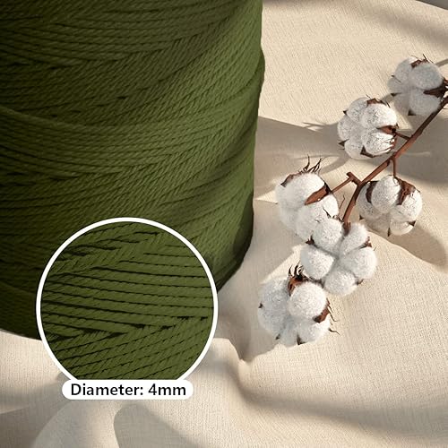 Miniatura 3 de ZUEXT - Cuerda de algodón para macramé de 0.157in x 547 yardas, hecha a mano, color verde militar, trenzada, 4 hebras, cuerda de punto para colgar