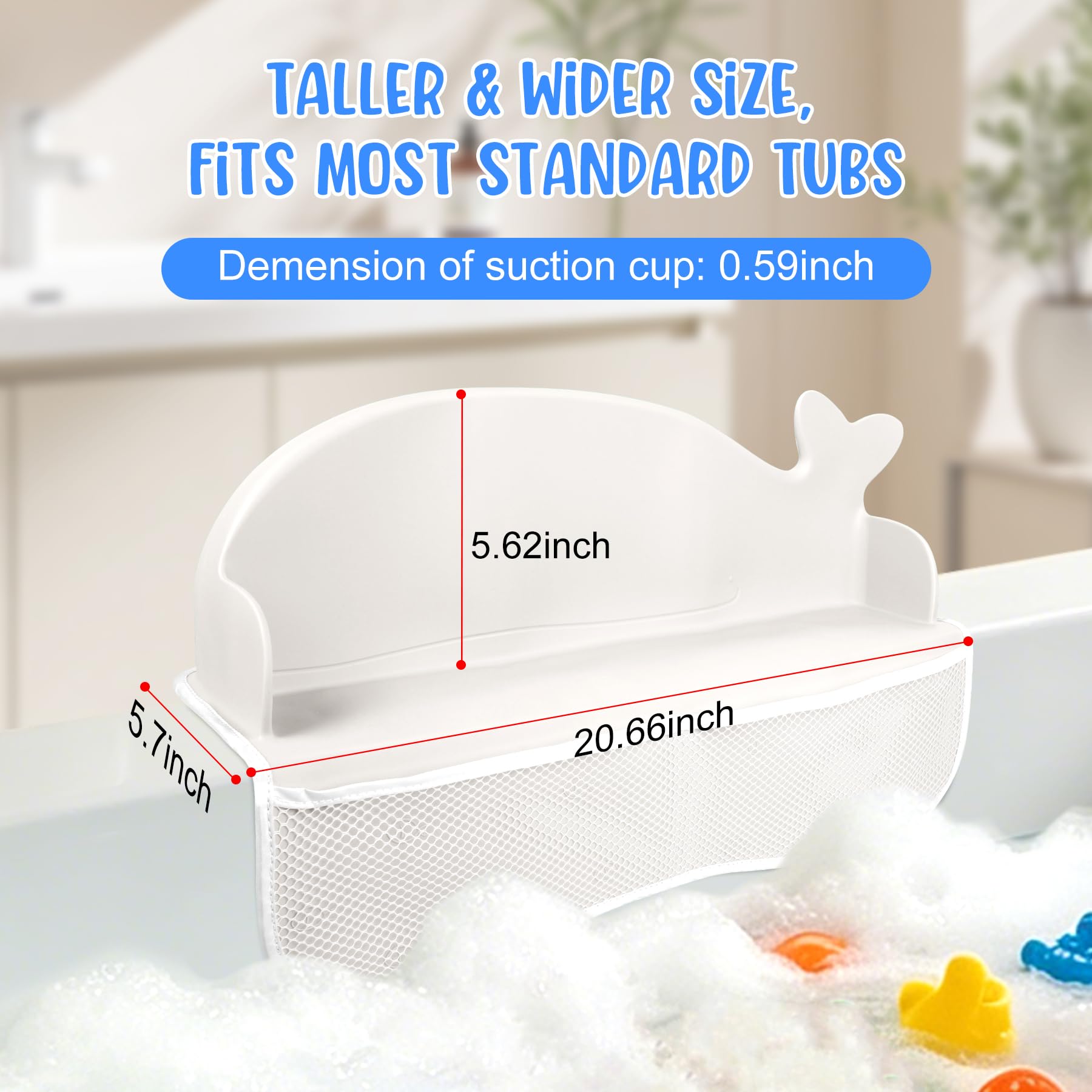 MCGMITT Badewannenspritzschutz 2er Set, Silikon Wasserbarriere für Kinder Badewanne, Badewannen Organizer mit 130 starken Saugnäpfen und Aufbewahrungsnetzen für Badespielzeug (Weiß + Grau)