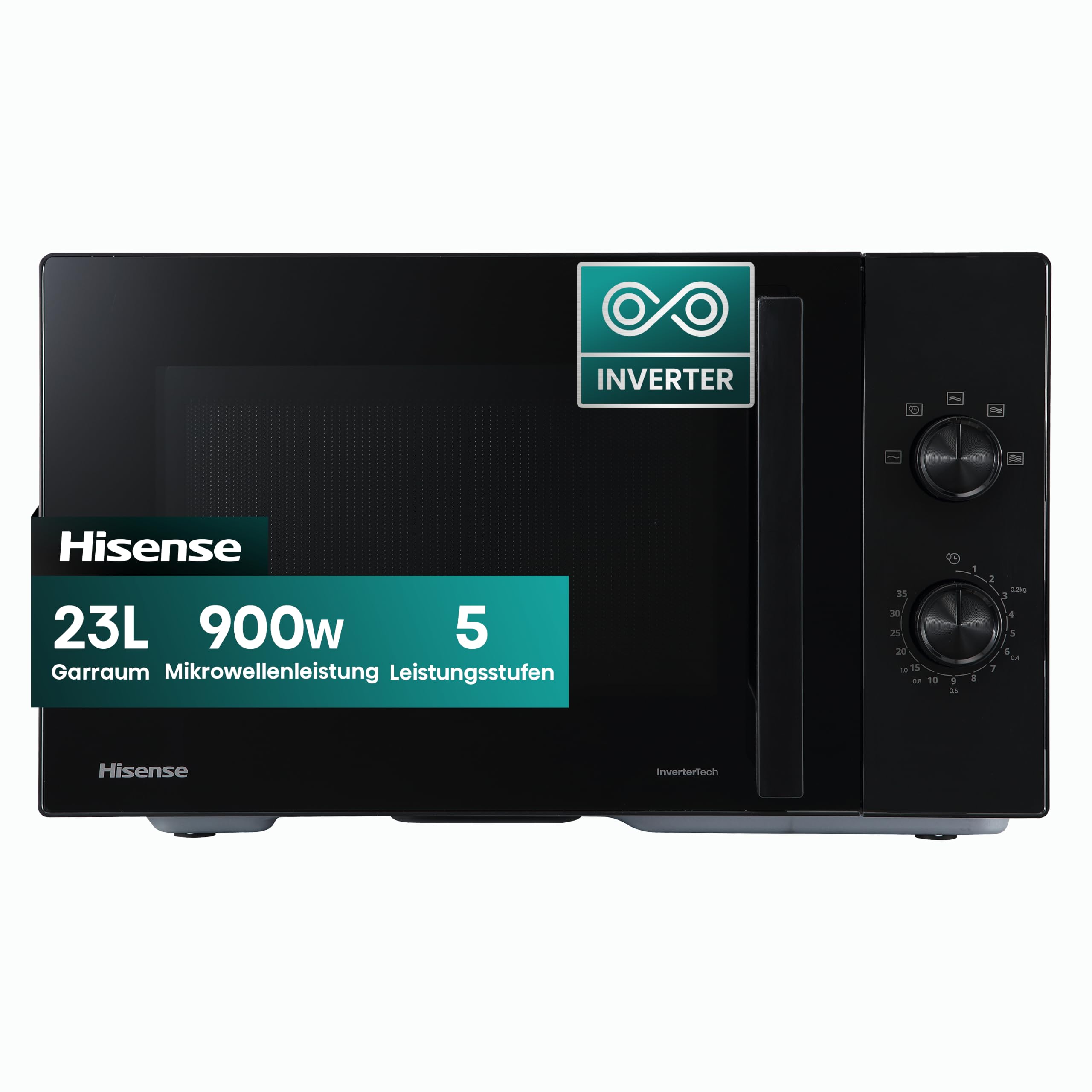 Hisense Inverter-Mikrowelle, 23L, 900W | Schwarz, 5 Leistungsstufen, Keramikbeschichtung, Getöntes Glas, Gleichmäßiges Garen, Manuelle Steuerung