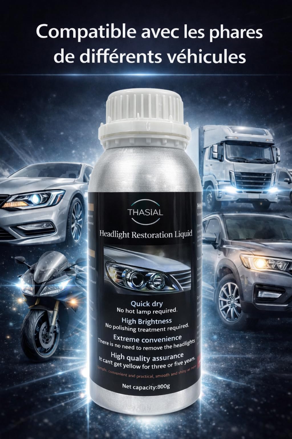 Rénovateur Phare Voiture 800g – Liquide de Rénovation Optiques Auto & Moto, Élimine Jaunissement, Oxydation et Micro-Rayures, Restaure Transparence et Brillance des Phares – Marque Française