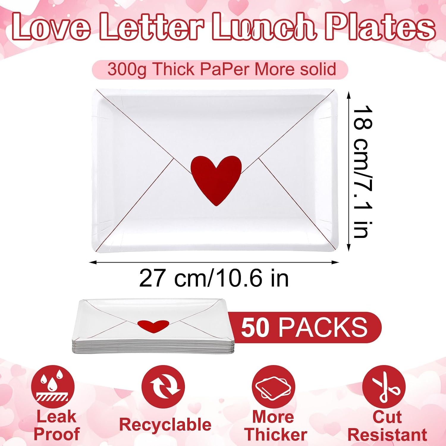 Havawish 50 Pcs Valentines Plates Love Letter Lunch Plates 10x7 Inch Classic Love Letter Disposable Plate Valentines Party Plate for Valentine's Galentine's Day Anniversary Birthday