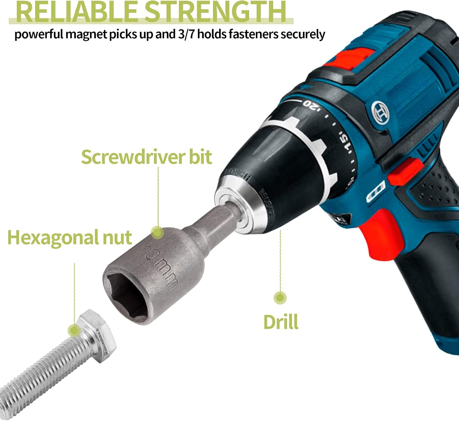 10 Pcs Quick-Change Power Nut Driver Set 3/8" (10mm) Hex Shank Magnetic Power Nut Setter Driver Bits