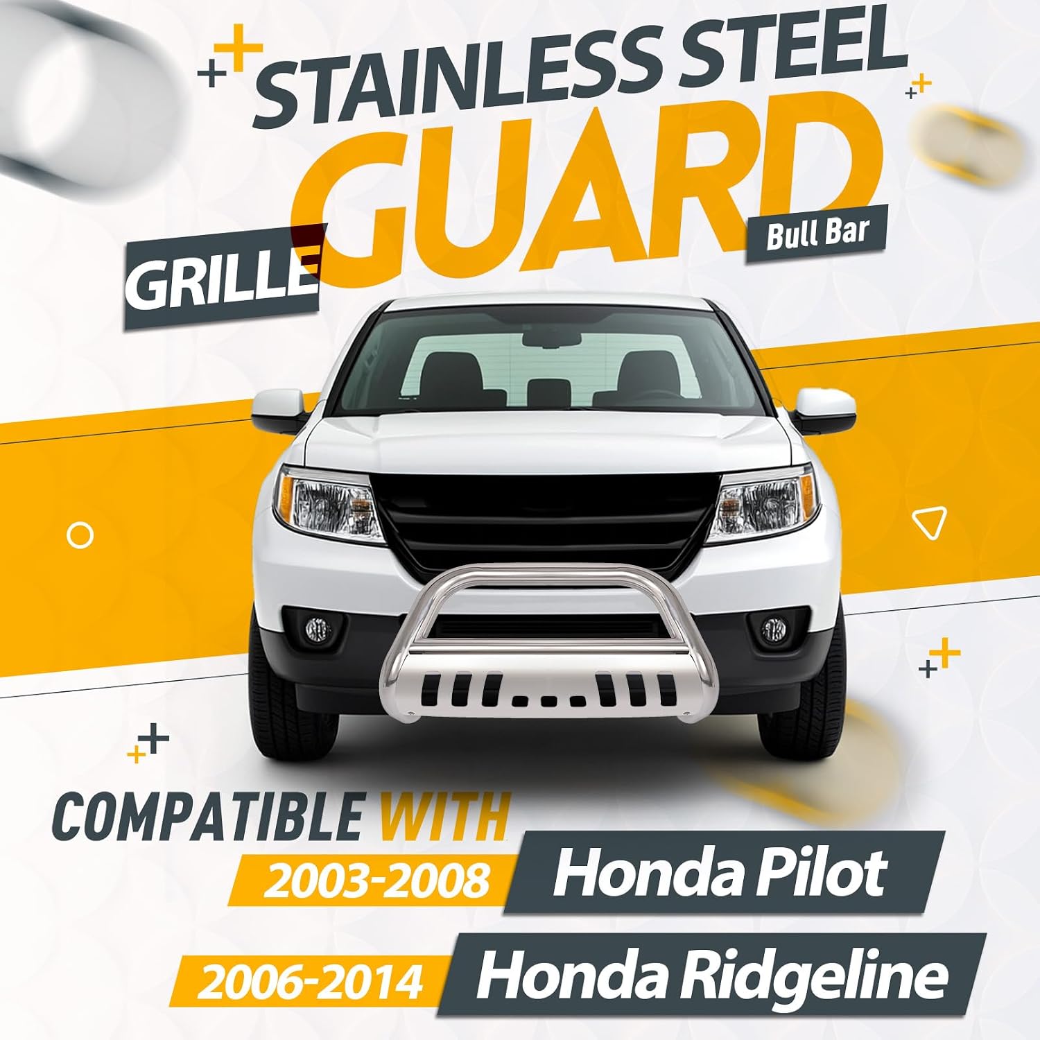KUAFU Bull Bar Compatible with 2003-2008 Honda Pilot, 2006-2014 Honda Ridgeline Front Bumper Grille Grill Brush Guard Impact Push Bar Stainless Steel Polishing Silvery