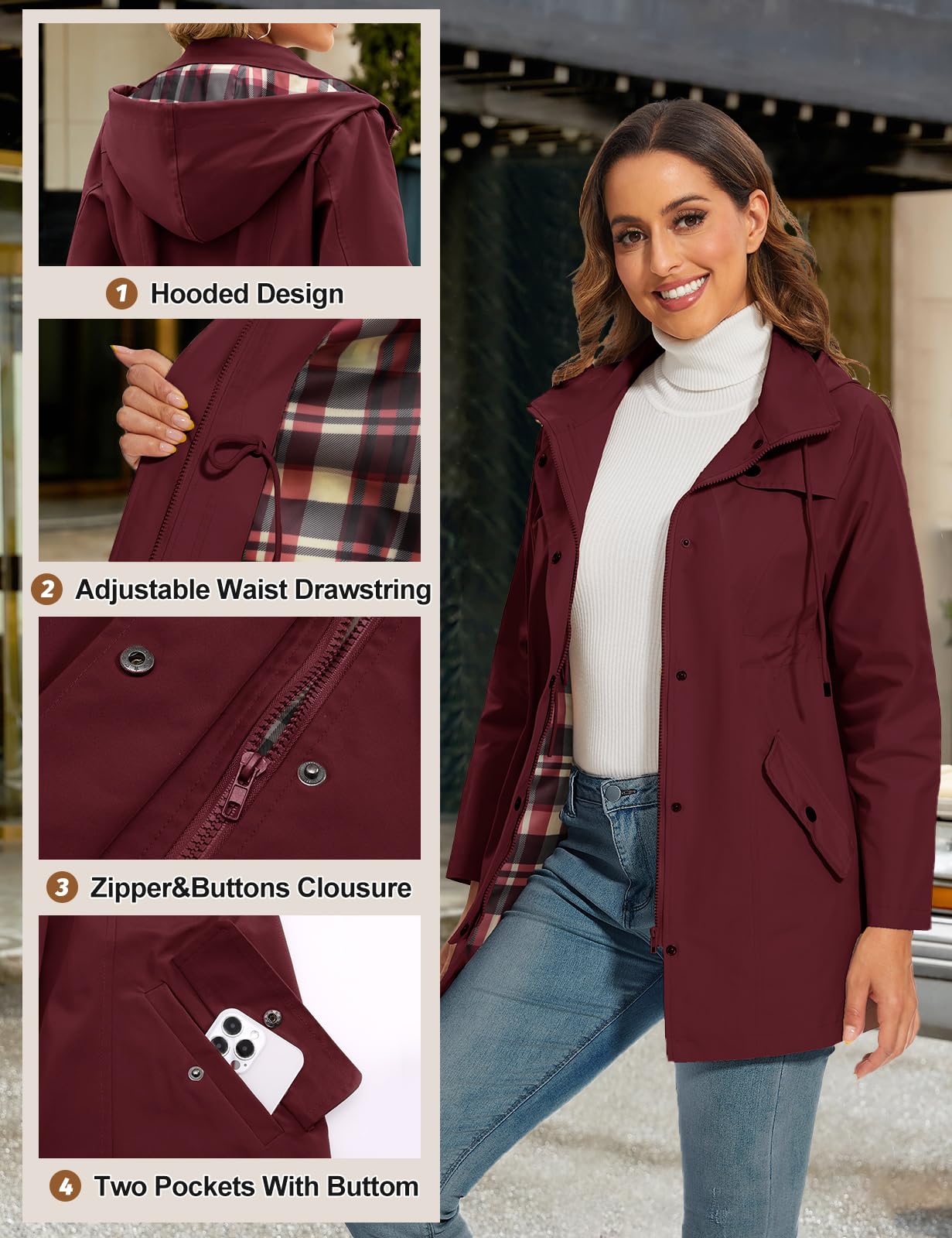 UMIPUBO Imperméables Vestes pour Femme Manteau à Capuche Impermeable Imperméable Longue Coupe-Vent Zip Poncho d'Extérieur Coupe Vent Veste de Pluie Printemps Automne