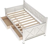 Vista 7 de Sofá cama de madera maciza con cajones de almacenamiento, marco de sofá cama en forma de X con respaldo y reposabrazos, sofá cama esquinero