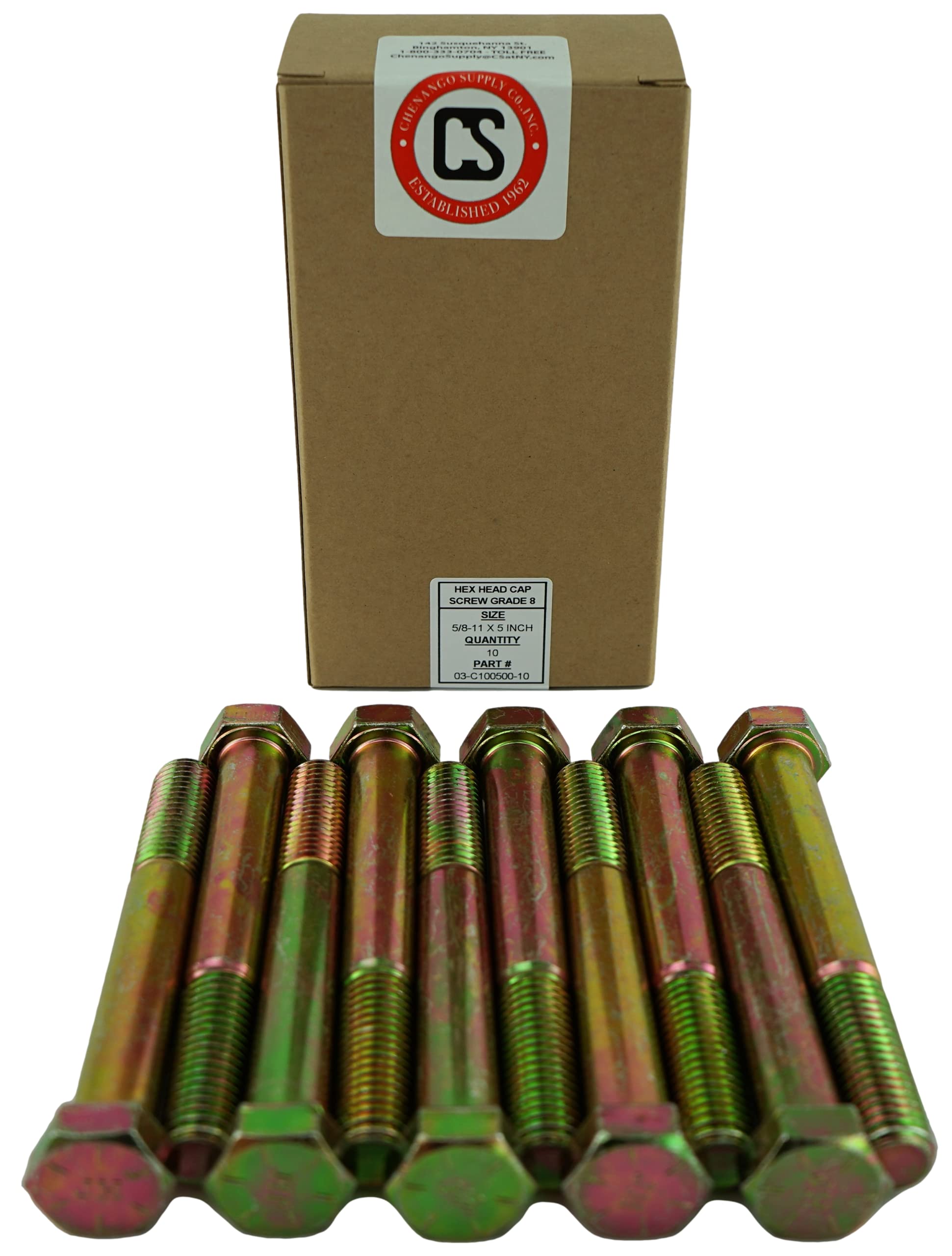 Chenango Supply 5/8-11 x 5 Grade 8 Hex Head Cap Screws, Alloy Steel Hex Bolts, 150,000 PSI Tensile Strength, Yellow Zinc Chromate Finish, USS Coarse