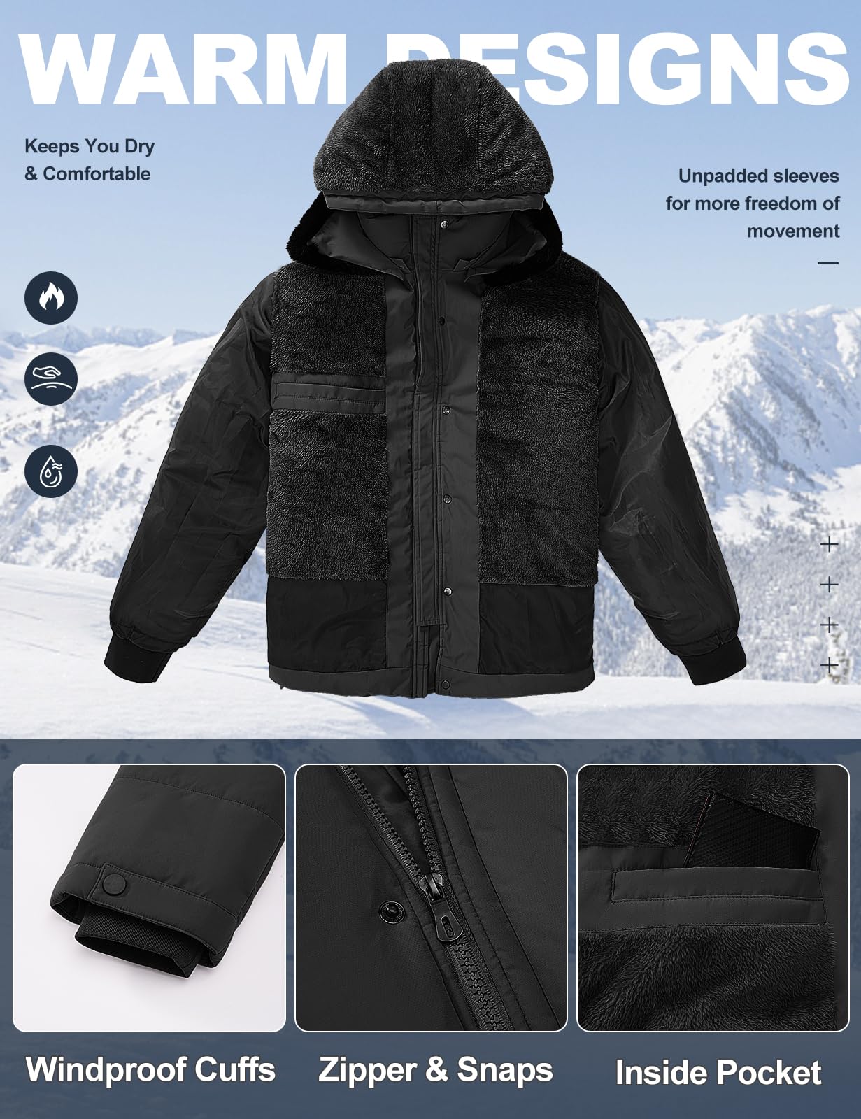 Tuopuda Abrigo Parka Térmico Hombre con Capucha Desmontable Chaqueta de Invierno para Hombre Parka Cortaviento con Cremallera