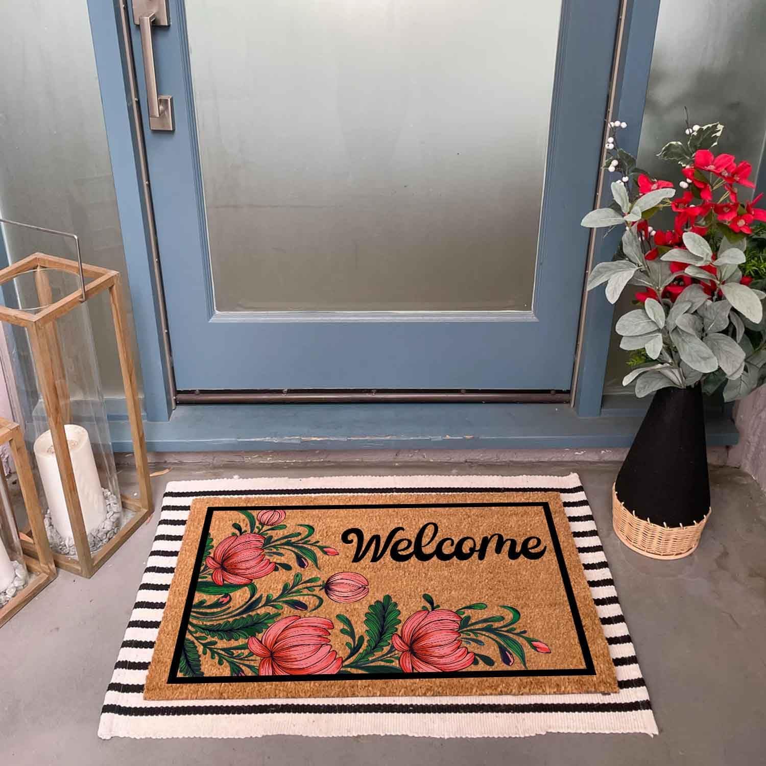 Funny Coir Doormat Scarlet Floral Welcome Red Flower Theme Spring Front Door Entryway Mat with Heavy Duty Front Porch Welcome Mats Natural Coconut Brown Prank Novelty Gift Outdoor Mat 23.7x15.7 inch
