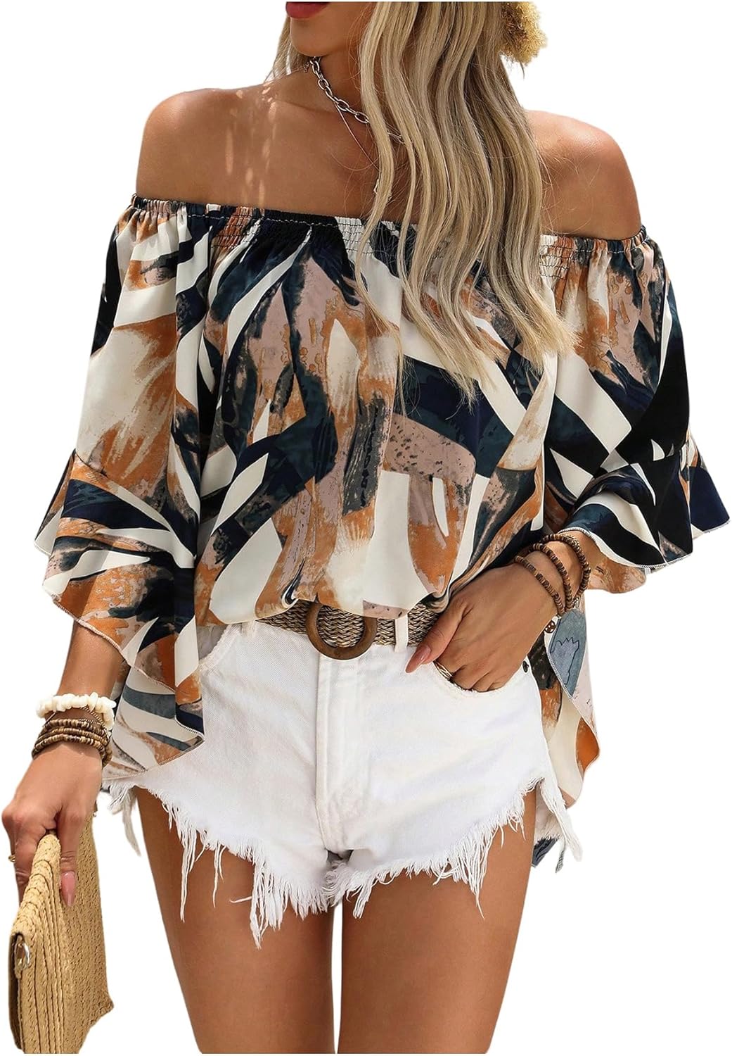 GORGLITTER Women's Off The Shoulder Tops Boho Asymmetrical 3/4 Sleeve Ruffle Colorful Blouses Shirt Tops Dressy Casual