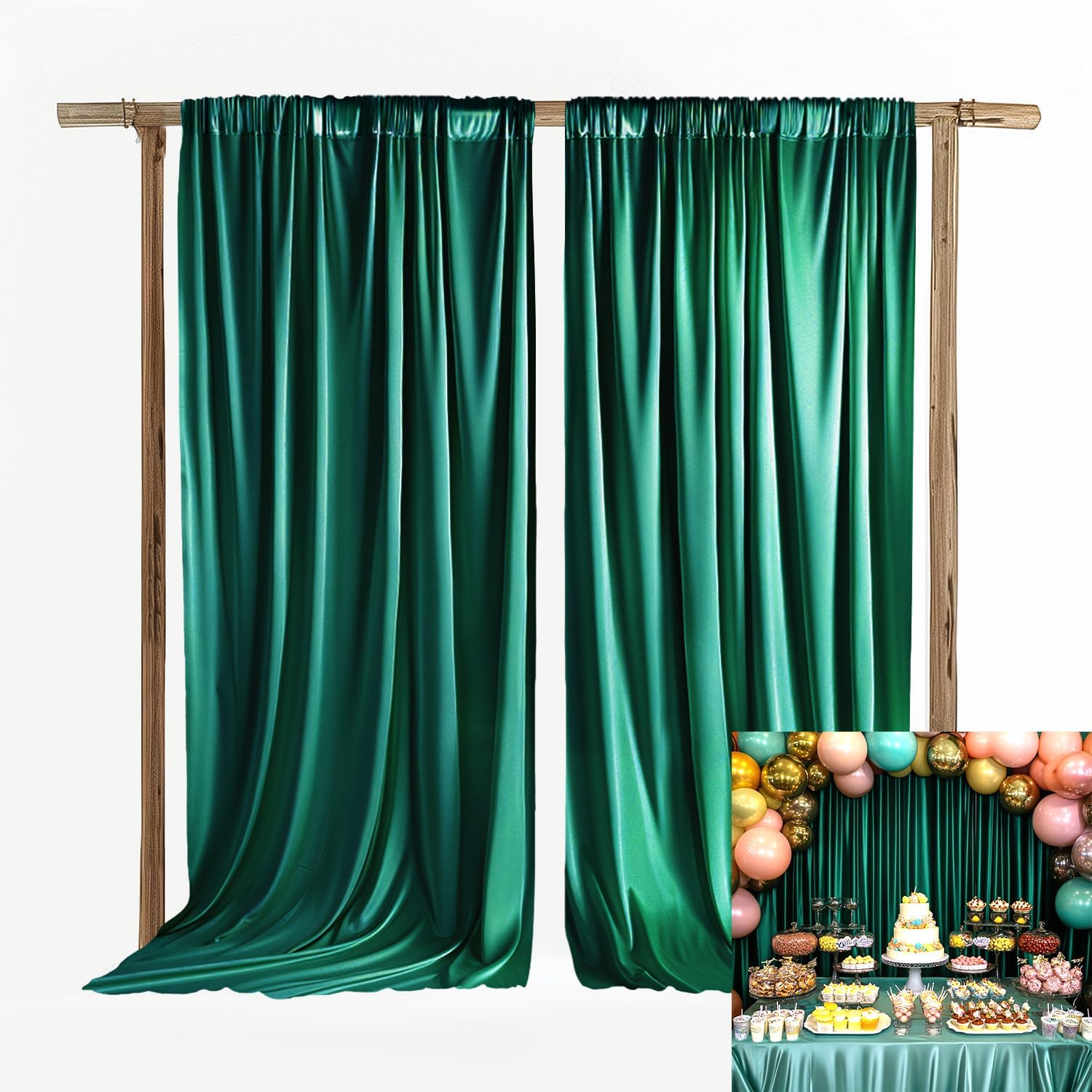 10x10ft Wedding Curtains Emerald Green Wedding Backdrop for Ceremony Prom Stage Backdrop Satin Fabric Curtain Drapes Curtains Panels with Rod Pockets W5' x H10'2 Panels YUNBSDJ173