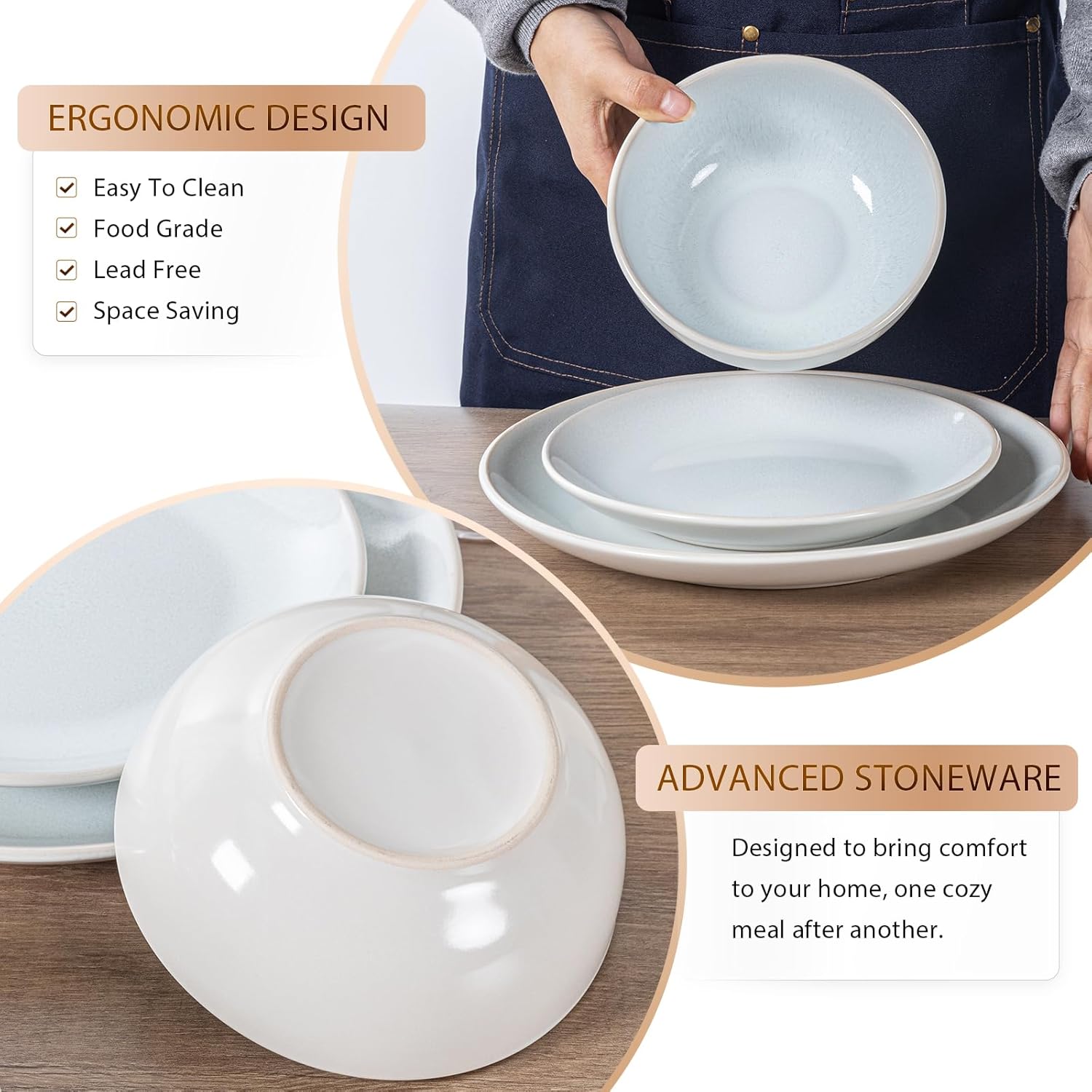 Plates and Bowls Sets for 4 - CJDC-QUELO 16-Piece Stoneware Dinnerware Sets, Ceramic Dishware Set for Kitchen Use and Formal Dining, Chip and Scratch Resistant Microwave Dishwasher Safe, Off White - Image 5