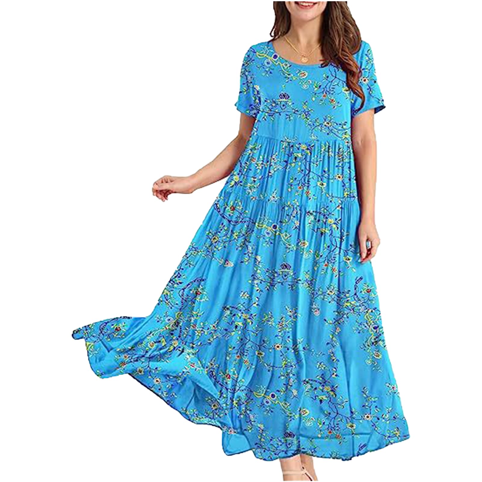 Zhyaj Boho Maxi Dress for Womens Cotton Floral Printed Long Dress Summer Casual Short Sleeve Beach Vacation Dresses
