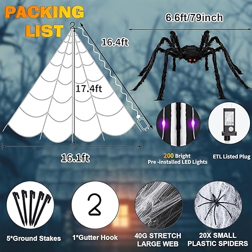 Vista 5 de Halloween Decorations Outdoor, 200 LED Halloween Giant Spider Web Lights, 16.4Ft Lighted Spider Web Light up for Yard Haunted House Decor