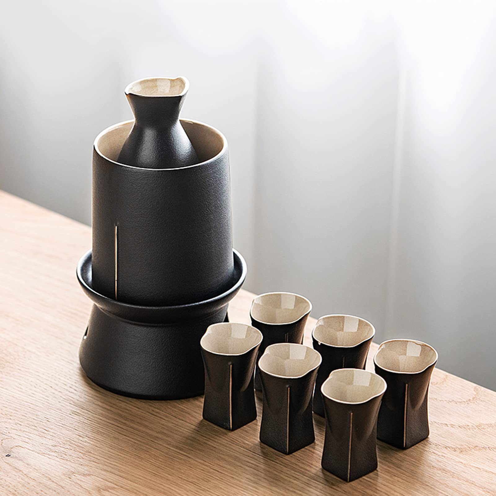 CUNTO Set da Sake da 9 Pezzi, Tradizionale Set di Tazze da Sake in Ceramica retrò, con pentola riscaldante e fornello per Candele, Design Elegante, miglior Regalo per Tazze di Famiglia e Amici