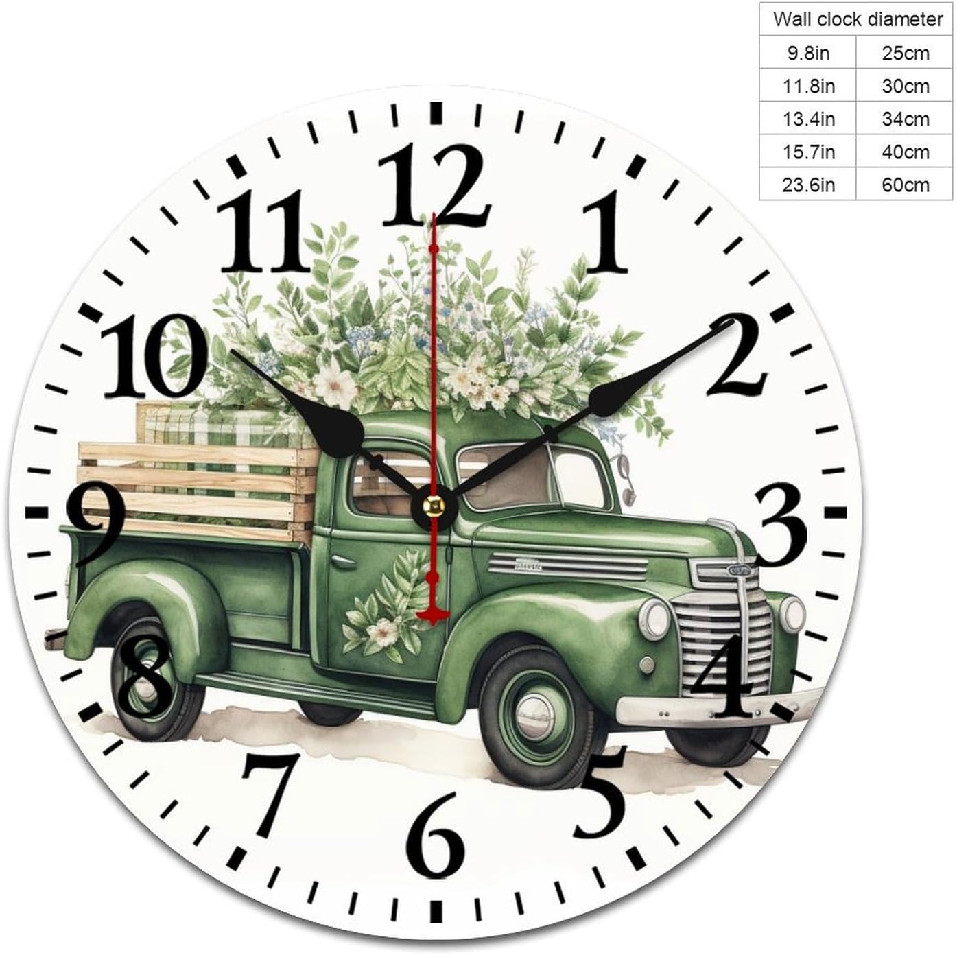 16 Inch Wooden Wall Clock Buffalo Check Clover Truck Wooden Silent Non-Ticking Battery Operated Arabic Numbers Green Lucky Shamrock Clock Home Office Irish St Patricks Clock
