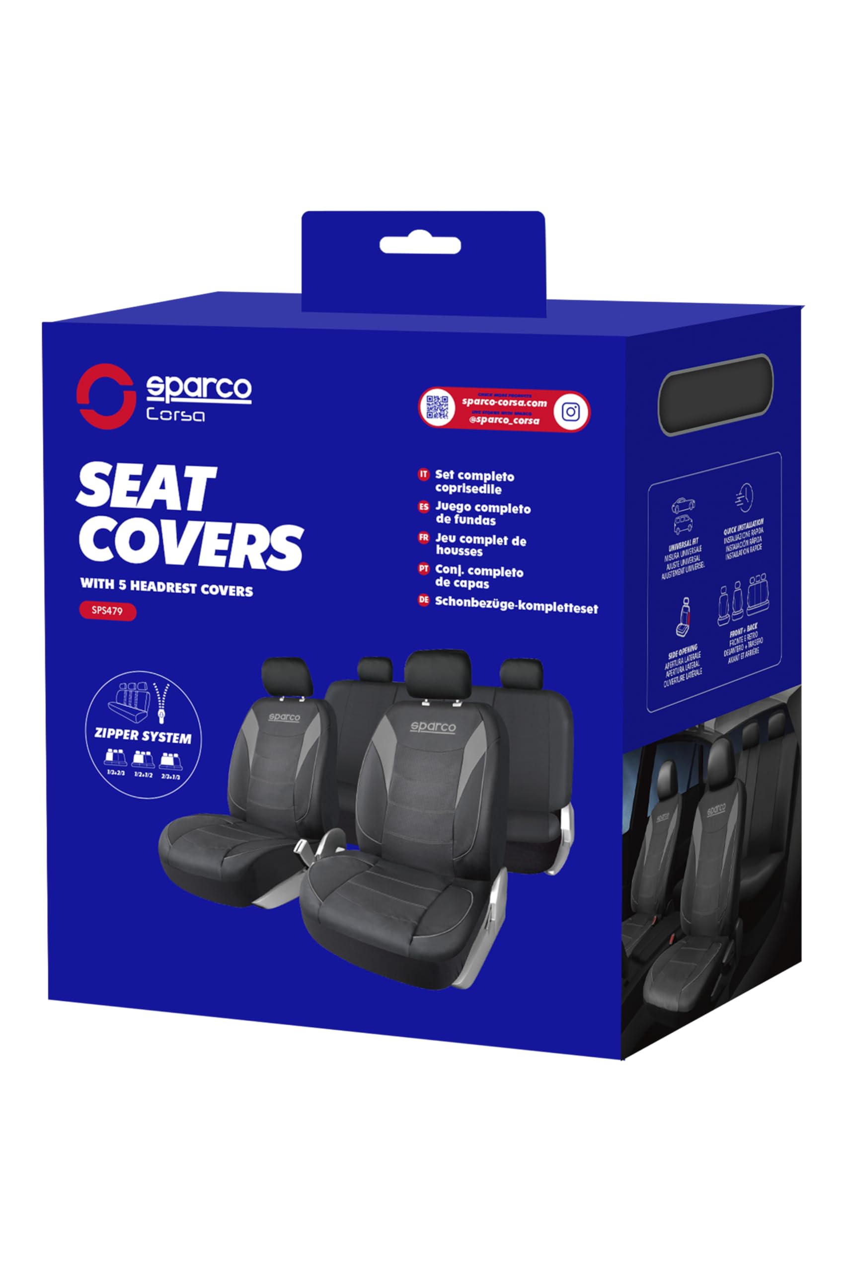 SPARCO Jeu Complet de Housses de siège de Voiture 5 têtes 9 pièces, exclusivité Amazon, PVC résistant, universelles avec système de Fermeture éclair, Installation Rapide et Nettoyage Facile