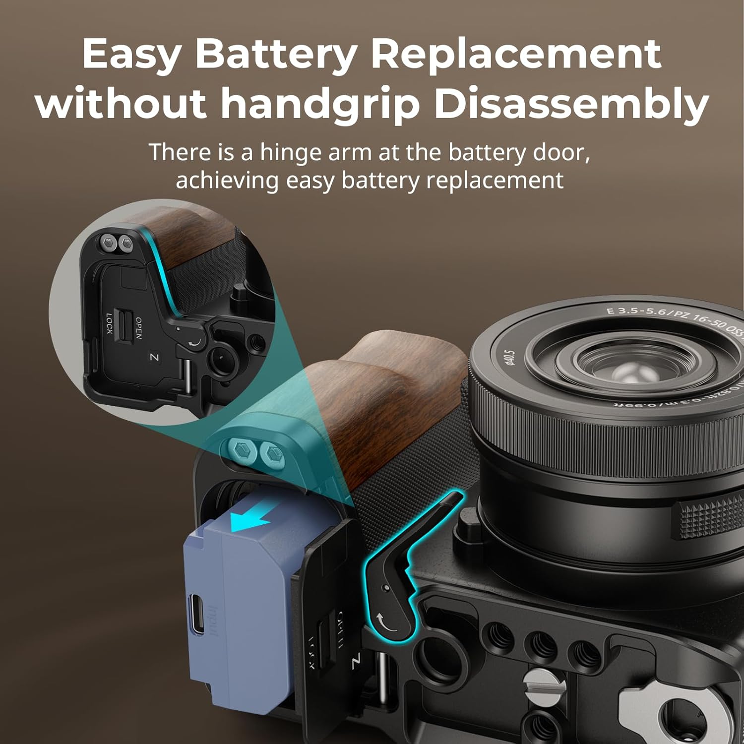 SMALLRIG ZV-E10 II L-Shape Plate with Wooden Handle, Handgrip for Sony ZV-E10 II, Built-in Quick Release Plate for Arca, 1/4"-20 Holes - 4864 - Image 6