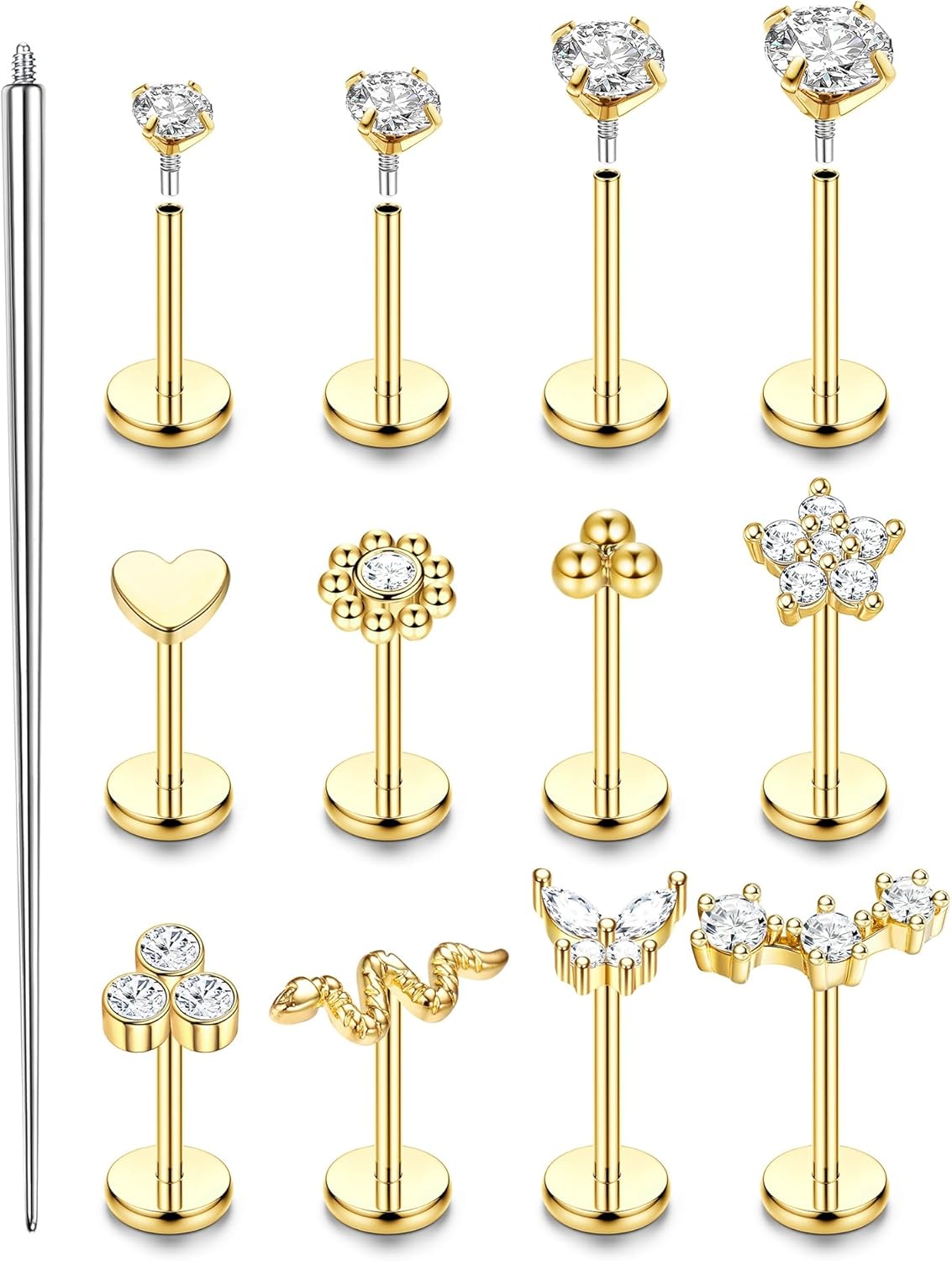 16G 18G Flat Back Earrings Internally Threaded Flat Back Stud Earrings 316L Surgical Steel Labret Stud Cartilage Earring Lip Helix Conch Tragus Piercing Jewelry