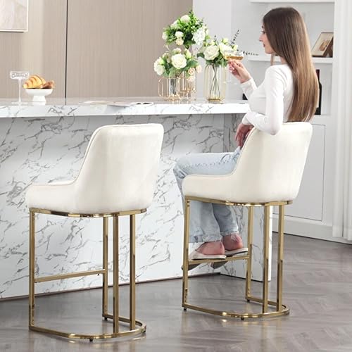 Miniatura 4 de Taburetes de bar beige con patas doradas de terciopelo de 26 pulgadas, juego de 2 sillas de isla de cocina modernas tapizadas con respaldo