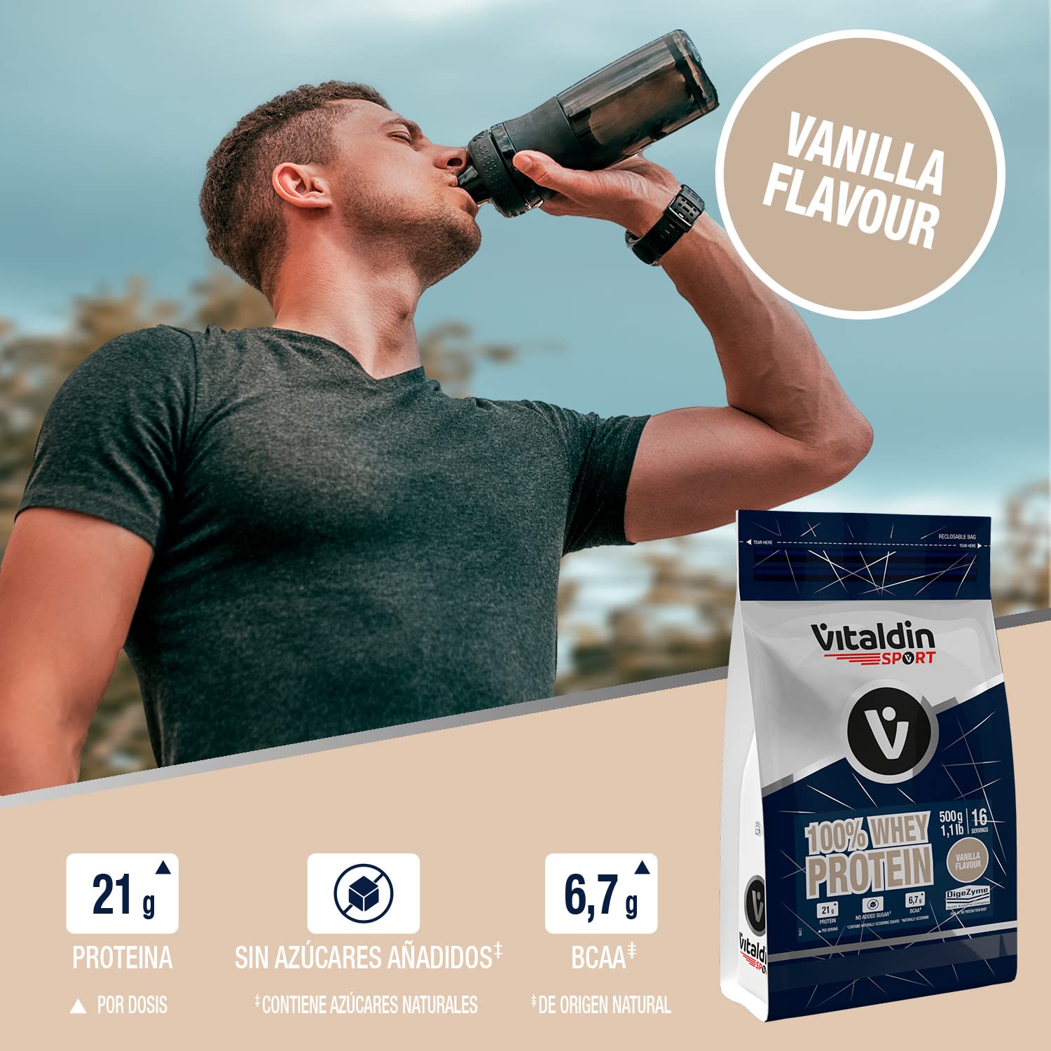VITALDIN SPORT 100% Whey Protein Vanilla 500 g – 100% białko serwatkowe w proszku z Digezyme – budowa mięśni i regeneracja – smak waniliowy – 6,7 g BCAA na porcję – bez dodatku cukru