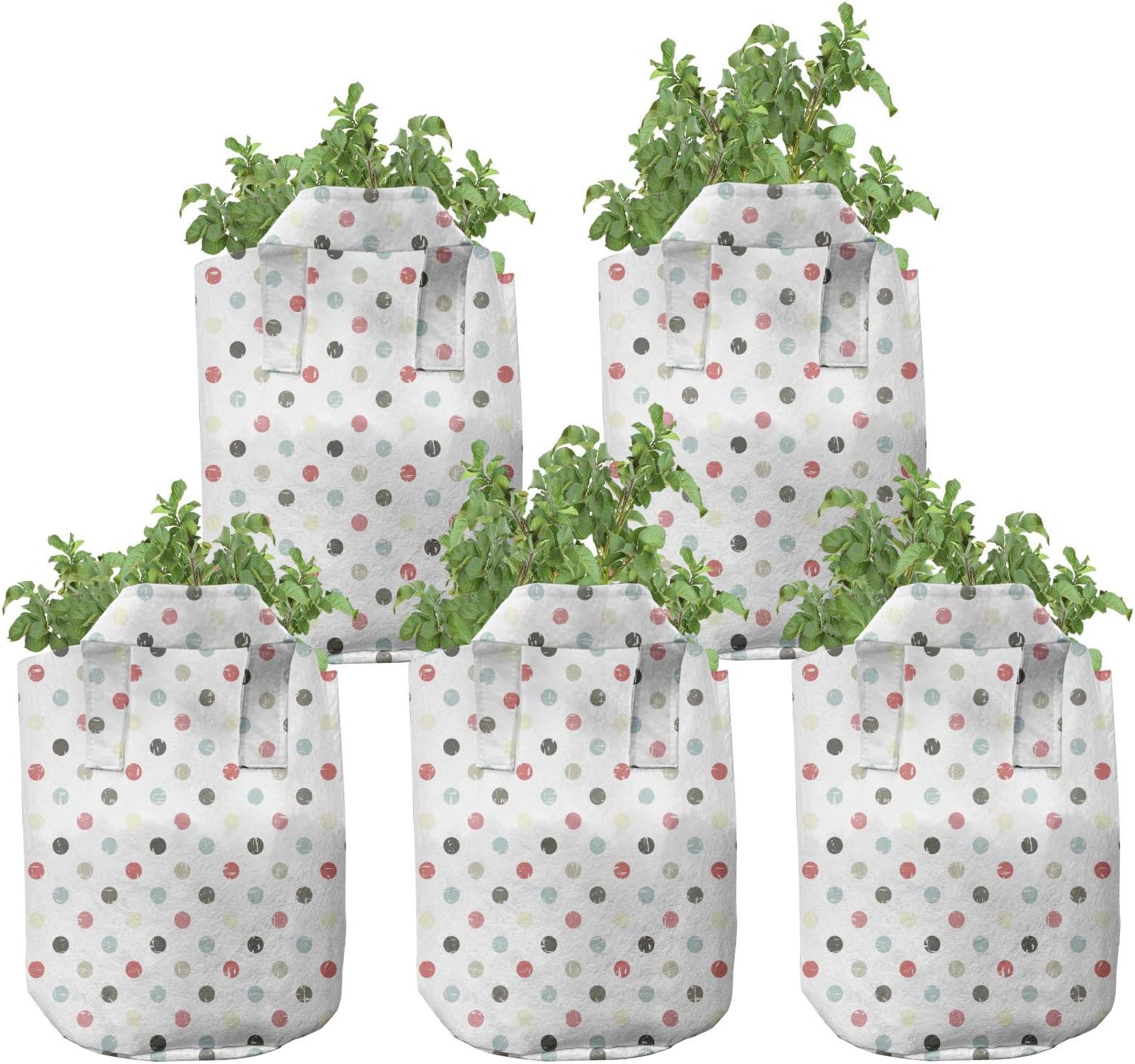 Lunarable Polka Dots Grow Bags 5-Pack, Weathered Retro, Heavyduty Fabric Pots with Handles for Plants, Multicolor