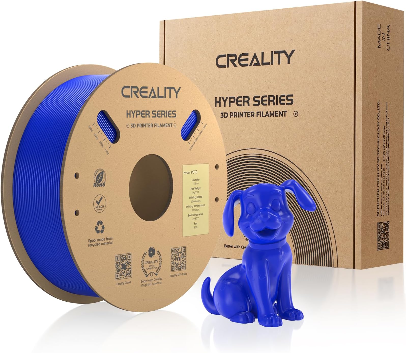 Creality Hyper PETG Filament 1.75 mm High Speed 50-600 mm/s, 3D Printer Filament Dimensional Accuracy +/- 0.02 mm, 1 kg Cardboard Spool (2.2 lbs), Suitable for Most FDM 3D Printers - Blue