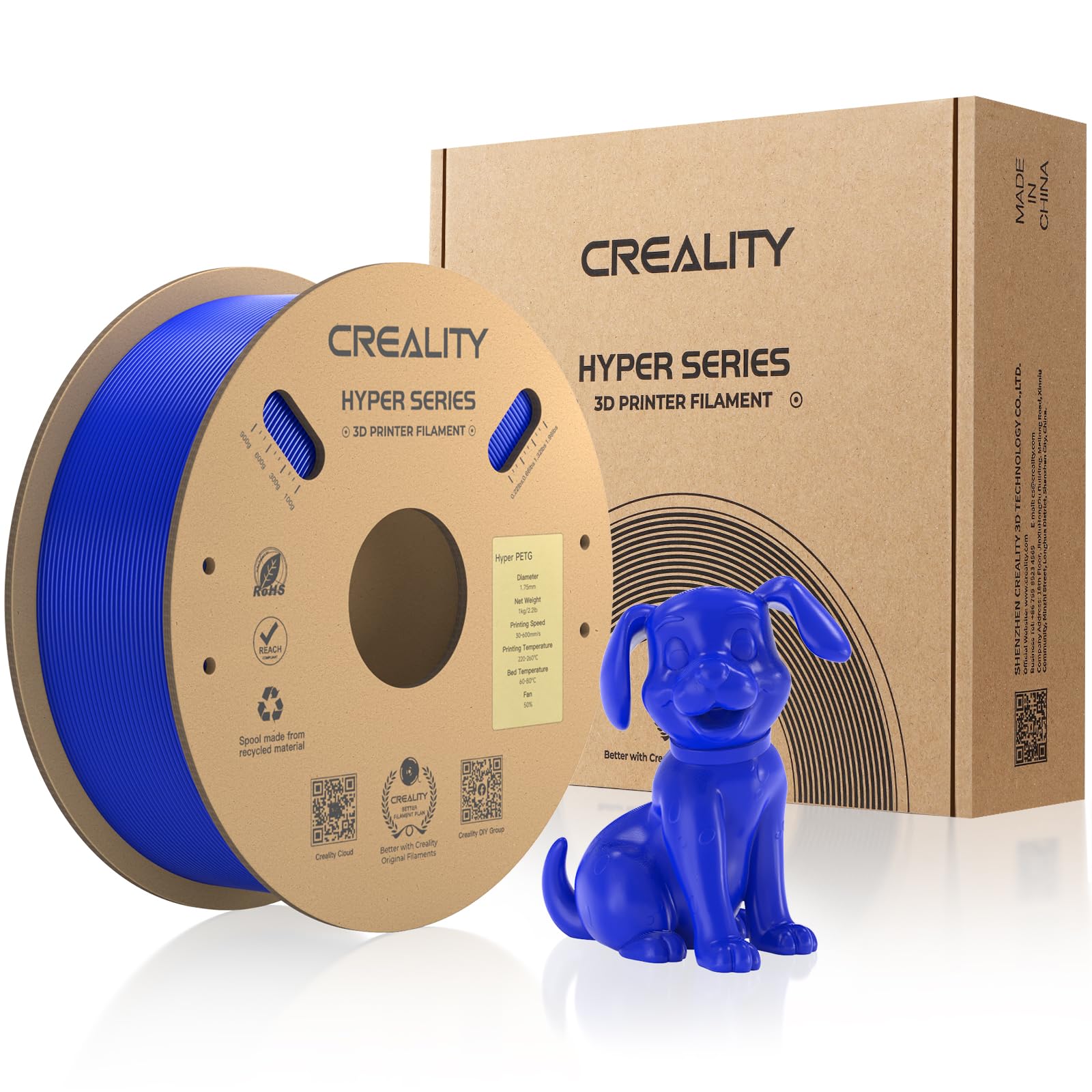 Creality Hyper PETG Filament 1.75 mm High Speed 50-600 mm/s, 3D Printer Filament Dimensional Accuracy +/- 0.02 mm, 1 kg Cardboard Spool (2.2 lbs), Suitable for Most FDM 3D Printers - Blue