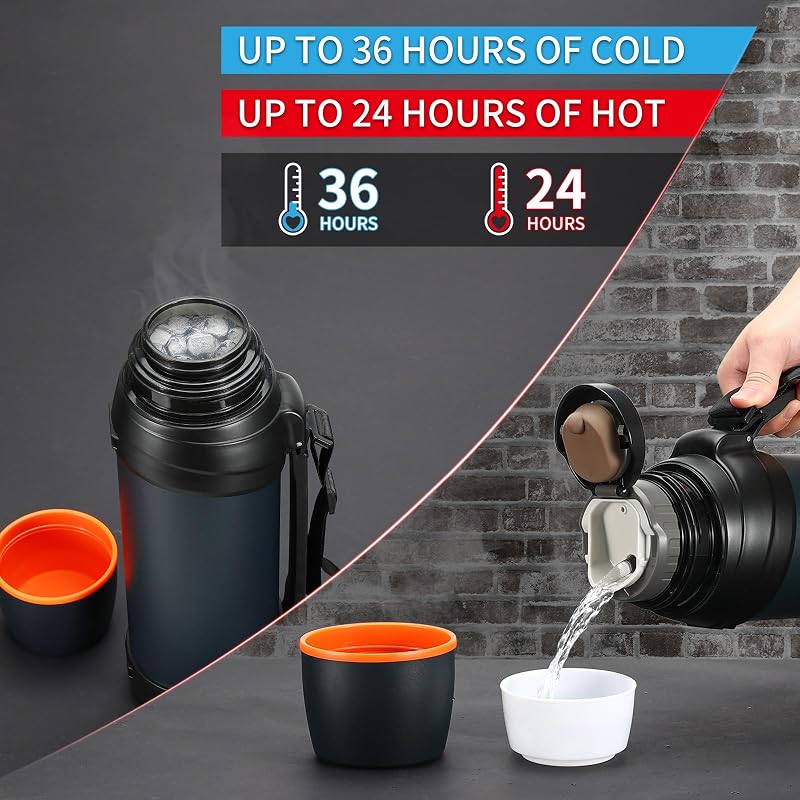 Olerd Termosz 2,5L - Rozsdamentes Acél Hőszigetelt Kulacs Két Pohárral, 24 Órás Hideg-Meleg Tartás, Kempingezéshez, Túrázáshoz, Sötétkék