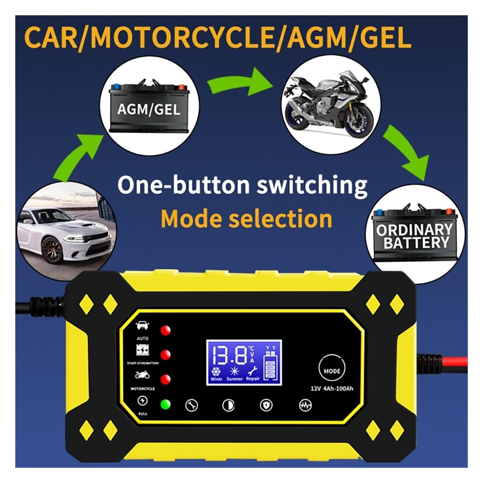 Ładowarka Samochodowa 12V 6A Wielokrotna Ochrona W Pełni Automatyczna Inteligentna Do Naprawy Impulsów Z Wyświetlaczem LCD Precyzyjne łAdowanie(Yellow)