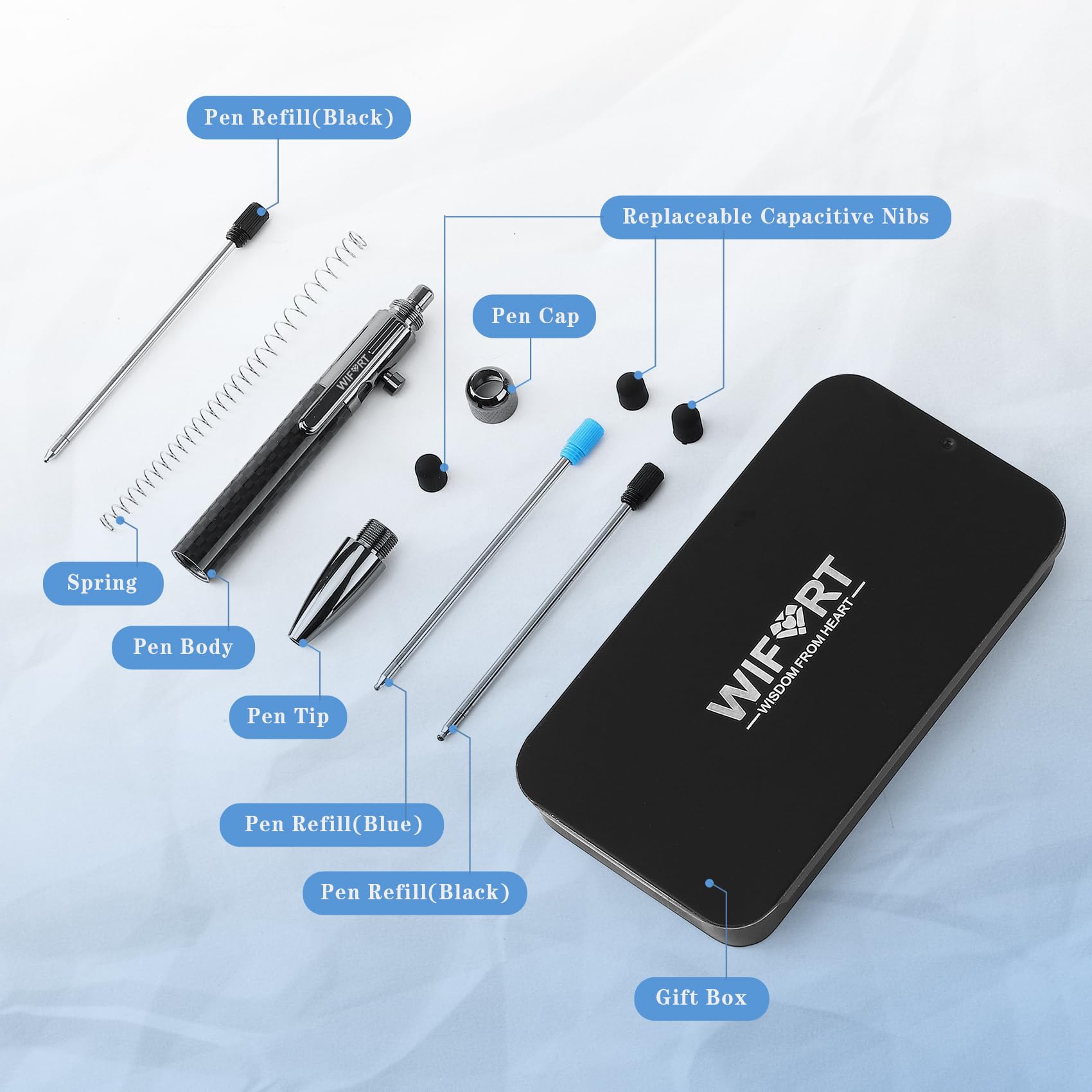 WIFORT Bolt Action - Mini lápiz capacitivo, bolígrafo multifuncional de fibra de carbono con bolígrafos de tinta negra y azul reemplazables EDC para oficina, trabajo, escritura, trabajo de