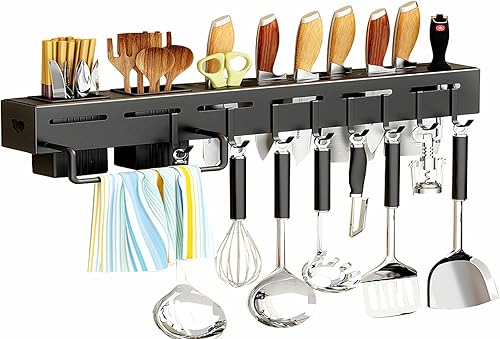 Organizador de cocina de 20 pulgadas, ganchos sin agujeros, organizador de almacenamiento de cubiertos montado en la pared para cuchillos, cucharas,
