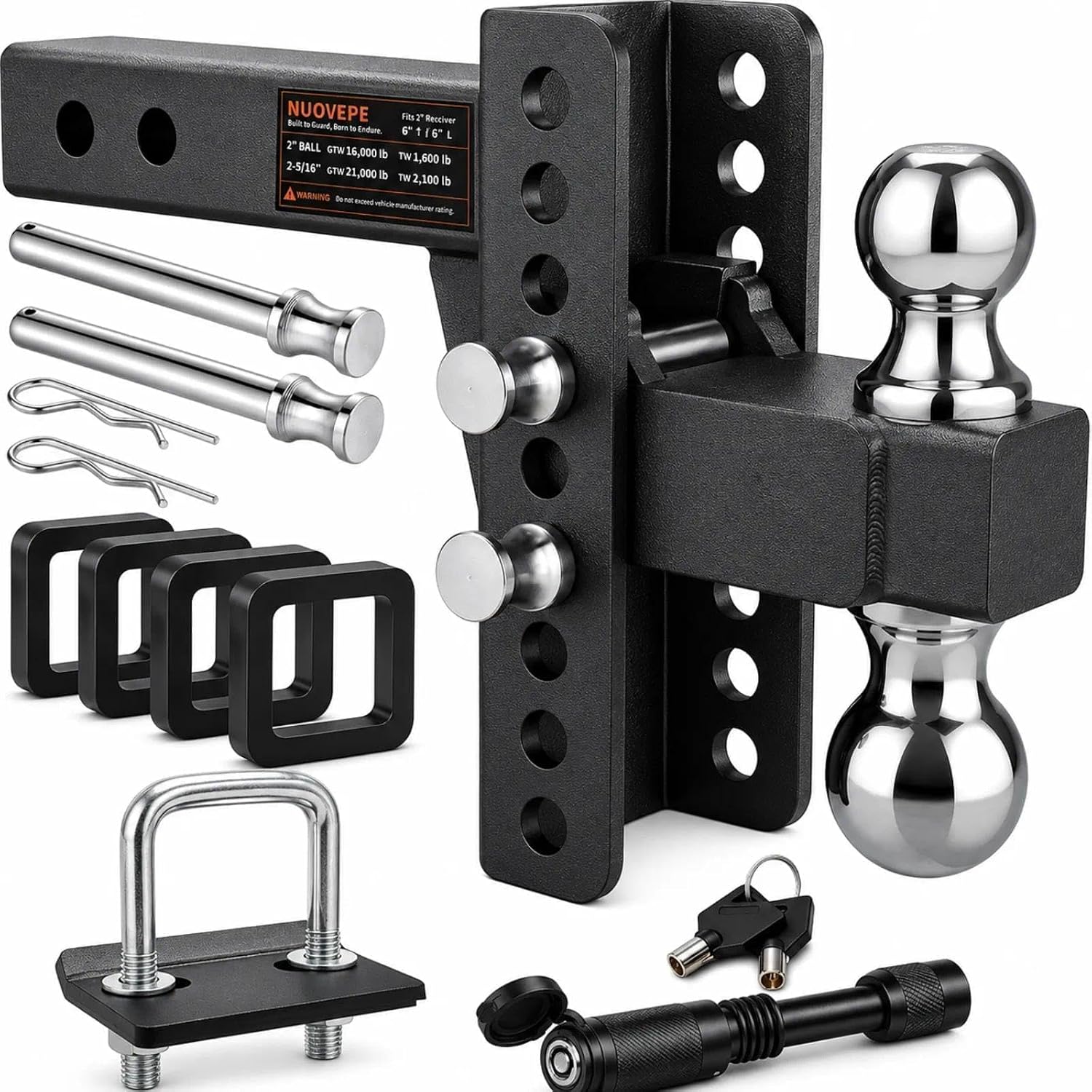 Dual Anti-Rattle Adjustable Trailer Hitch Kit, 6" Drop/Rise, 2" & 2-5/16" Dual Hitch Balls, Fits 2" Receiver, 16,000/21,000 lbs GTW, Includes Trailer Hitch Lock & Stabilizer Clamp