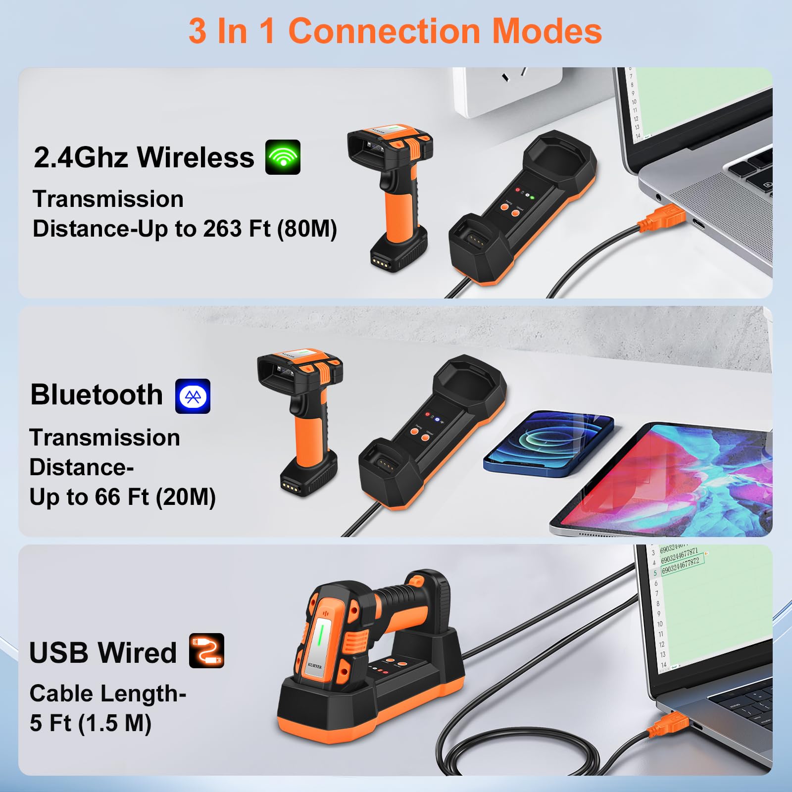 KUIIYER 1D QR 2D Industrieller Barcode-Scanner mit verbesserter Ladestation, kabellos, Bluetooth, professionelle Barcode-Scanner, USB-Plug&Play-Hand-Barcode-Lesegerät für iPhone, Android, Computer