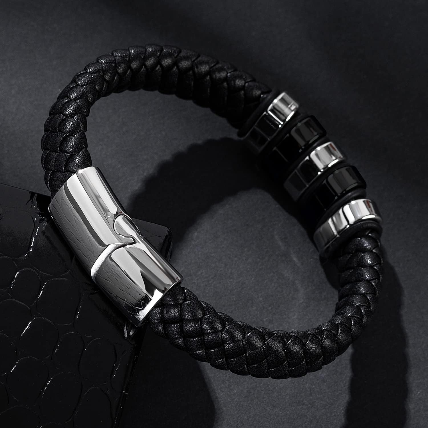 Leather Bracelet for Men Braided Cuff Wristband Stainless Steel Clasp in Silver and Gold Jewellery Gift - Image 3