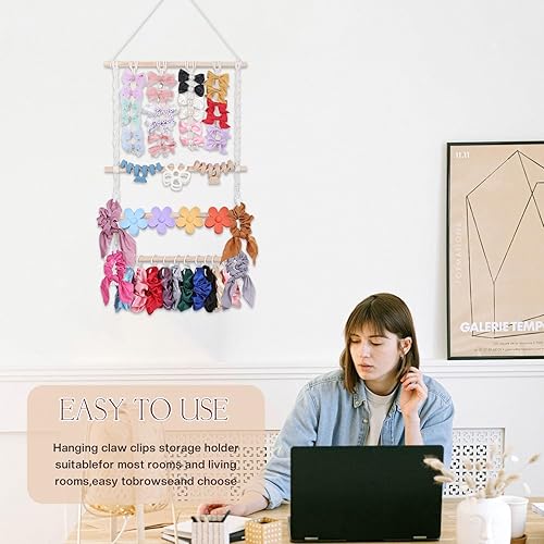 Miniatura 5 de UREYMX Organizador de pinzas para el cabello de macramé, soporte de clip colgante para el cabello y almacenamiento para mujeres y niñas, accesorios