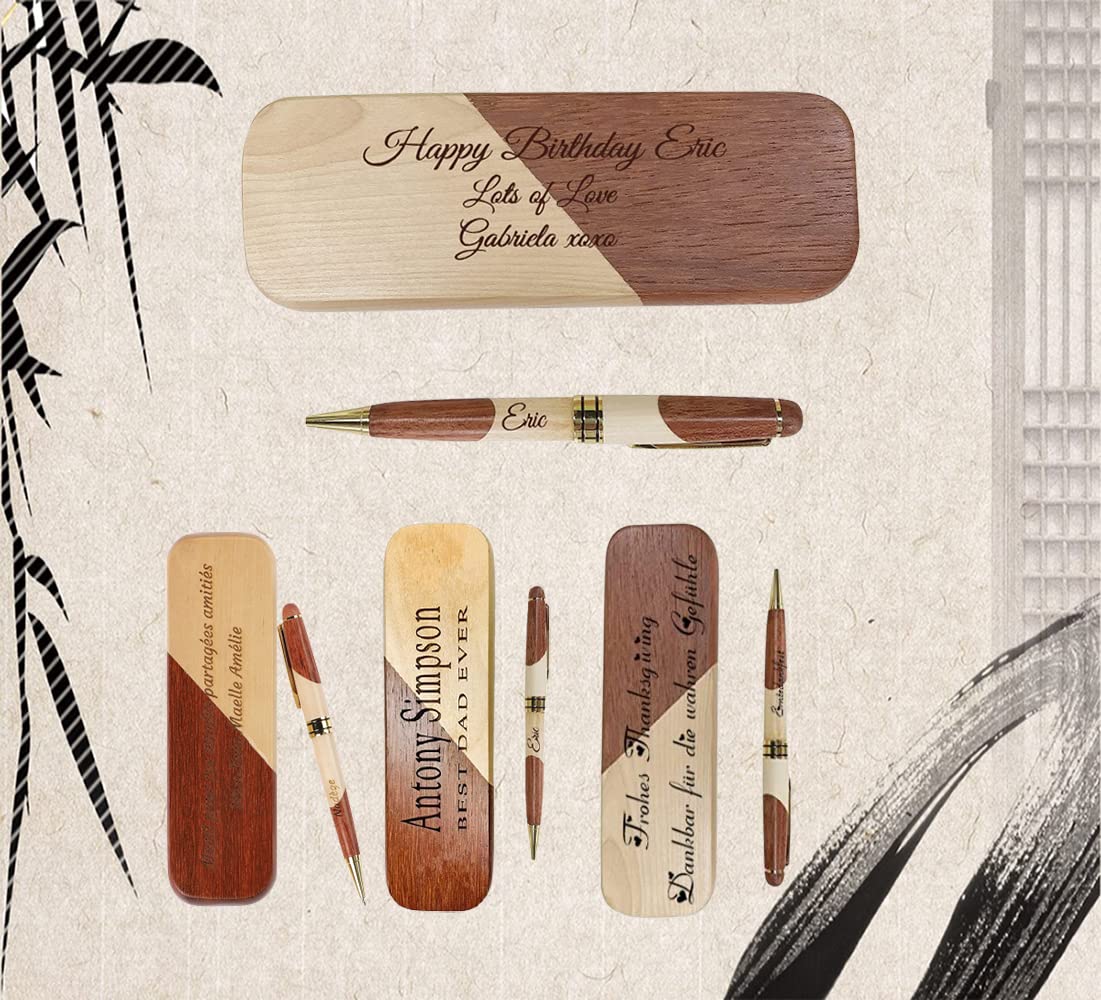 ZLP Personalisierbarer Kugelschreiber Aus Holz – Mit Gravur, Holz-Etui, Hochwertige Mine