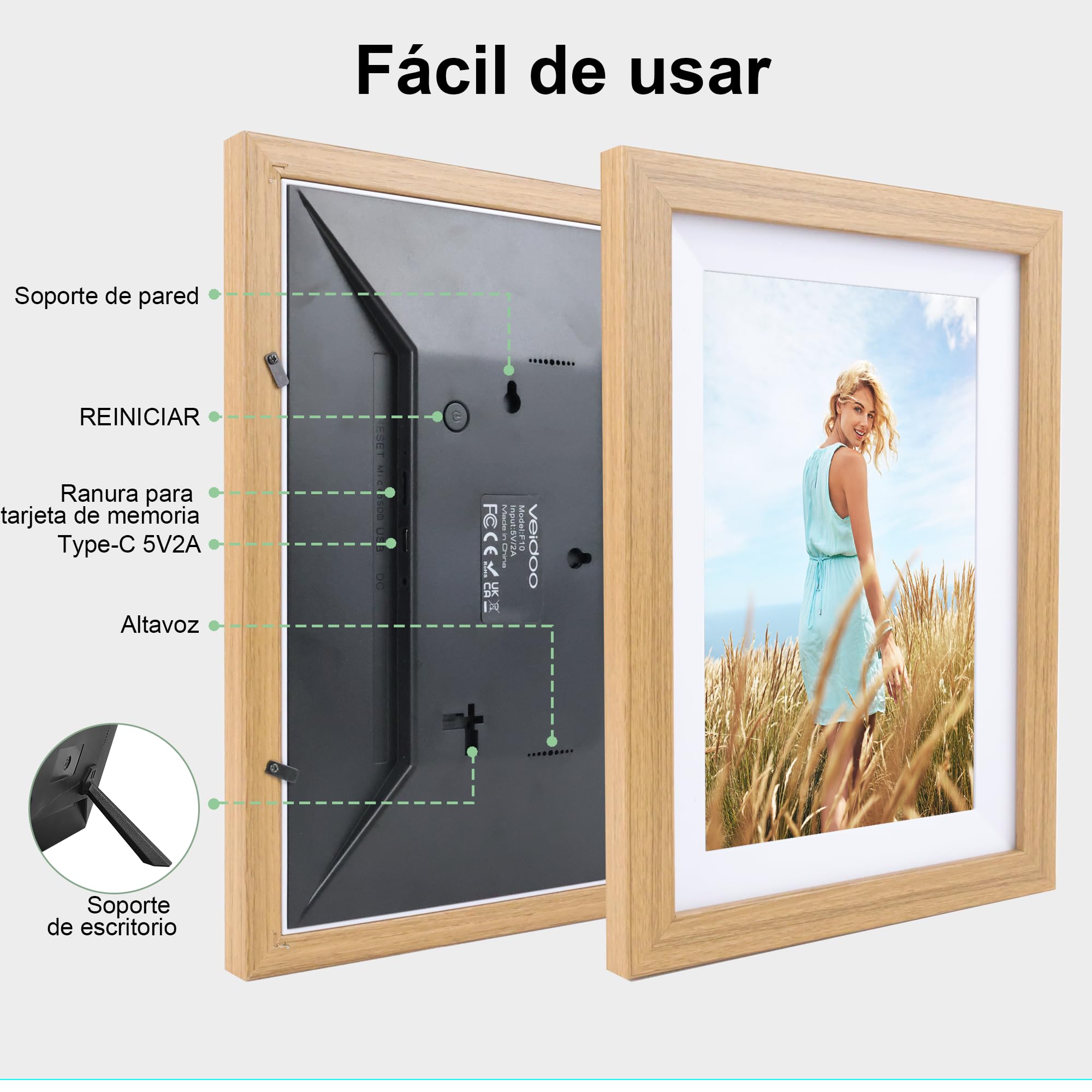 Veidoo Marco de Foto Digital WiFi, Pantalla Táctil de 10 Pulgadas, 32 GB Memoria, Rotación Automática, Música/Video/Calendario/Reloj, Fotos y Videos a través Frameo, Regalo para la Familia(Burlywood)