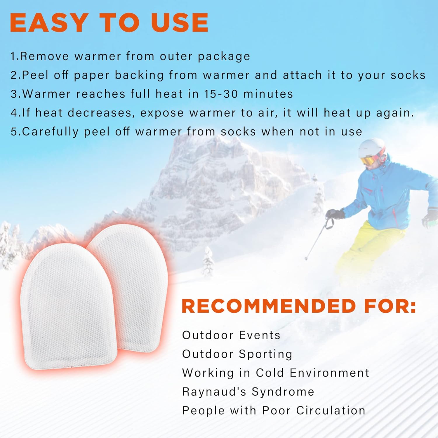 Toe Warmers - Long Lasting, Safe Natural Odorless, Air Activated Adhesive Foot Warmers - Up to 8 Hours of Heat