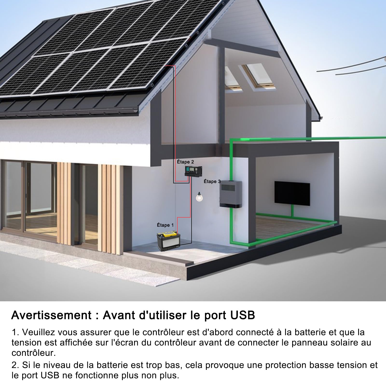 Kit de Panneau Solaire 50 W 12 V : Panneau Solaire Photovoltaïque Monocristallin de 2x25W avec Régulateur de Charge de 10 A, 2 Pièces d'extension et 2 Pinces crocodiles pour Camping, Caravane