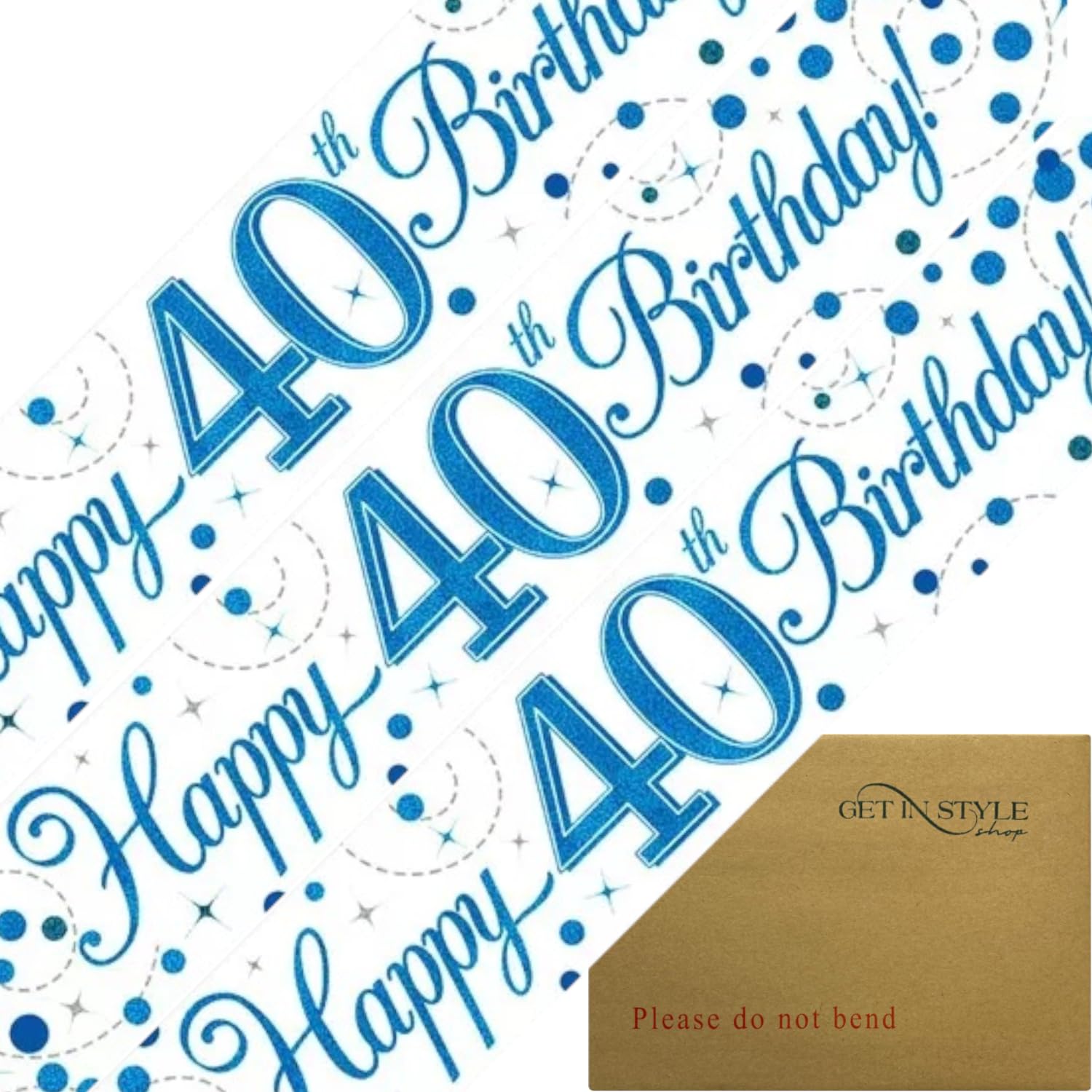 9ft Banner 40th Birthday Sparkling Fizz, Blue Holographic Foil Pennant Age 40 (274cm)