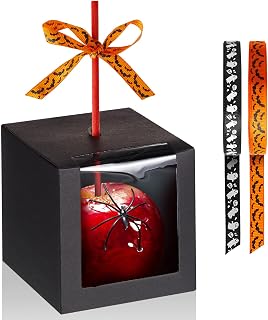 50 Sets Halloween Kraft Candy Apple Boxes with Hole Stick and Ribbons 4x4x4'' Window Clear Favor Boxes Candied Cake Cookies Chocolate Caramel Apple Boxes Gift Treat Boxes for Wedding Party (Black)