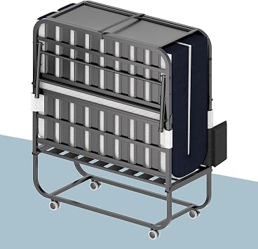 Folding Bed, 75x31 Portable Beds for Adults, Heavy Duty Sturdy Metal Frame, Foldable Bed on Wheels for Twin Size, Space Saving Rollaway Bed for Guest, Easy Storage(Headboard and Side Storage Pocket)