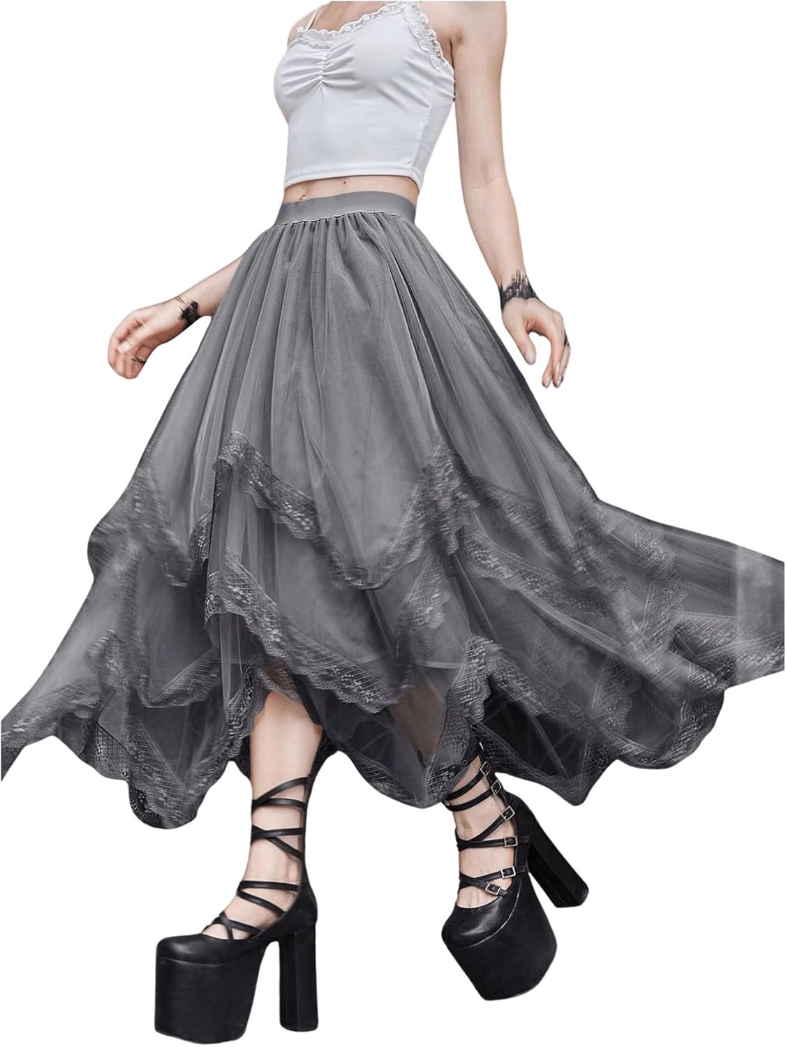 SHENHE Women's Lace Trim Layered Mesh Tulle Skirt High Waist Asymmetrical Long Goth Skirt - Image 3