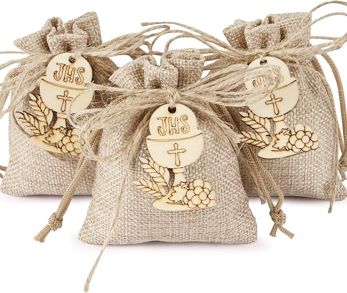 Sacchetti Iuta Bomboniere 24 Pezzi | Con Corda E Croce Legno | Per Comunione, Battesimo - Foto 2