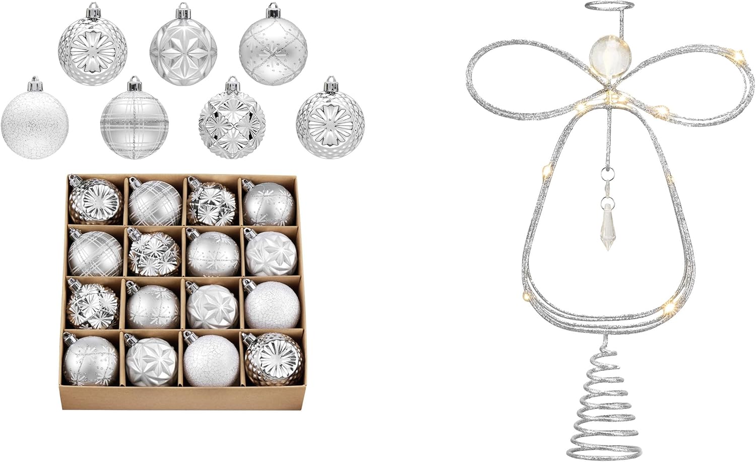 Valery Madelyn Fall Ornaments for Christmas Trees, 16ct White and Silver Shatterproof Christmas Tree Decorations&Lighted Christmas Tree Topper Angel with Timer(2 Items Buddle)